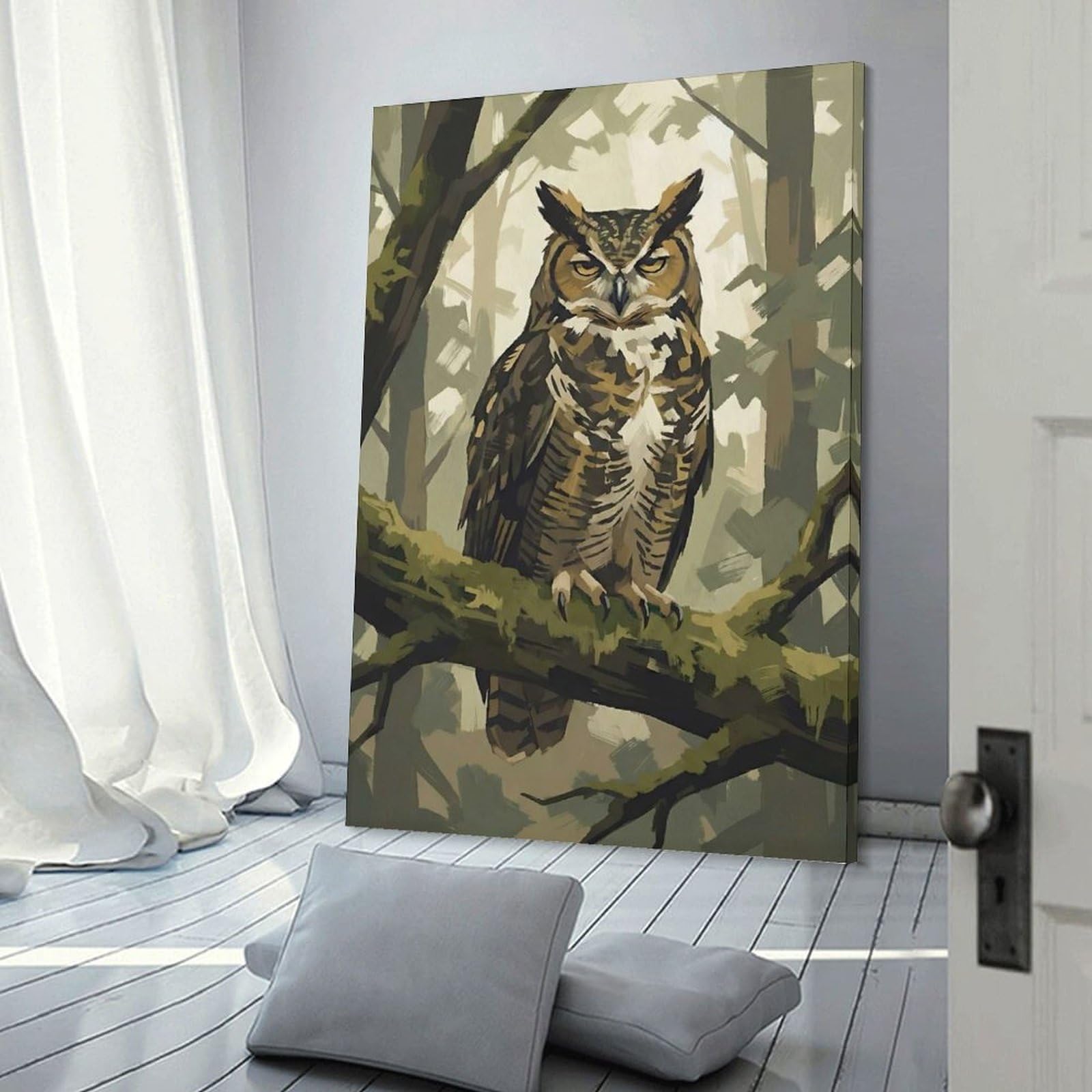 Junmoney Frame-Style-18 Home Decor Wall Art Great Horned Owl In Forest, 24X36inch(60X90cm), For Bedroom Decor, Cosy Corners Or Studios, Decorative Wall Art For Cosy Rooms