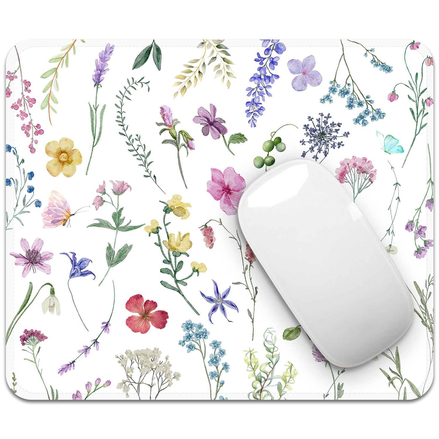 FROGIGO Mouse Pad with Stitched Edges - Watercolor Floral Mousepad for Women, 9.25 x 7.75 inch Washable Square Desk Pad, Non-Slip Rubber Base, Office Home Laptop Accessories - Watercolor Wildflowers