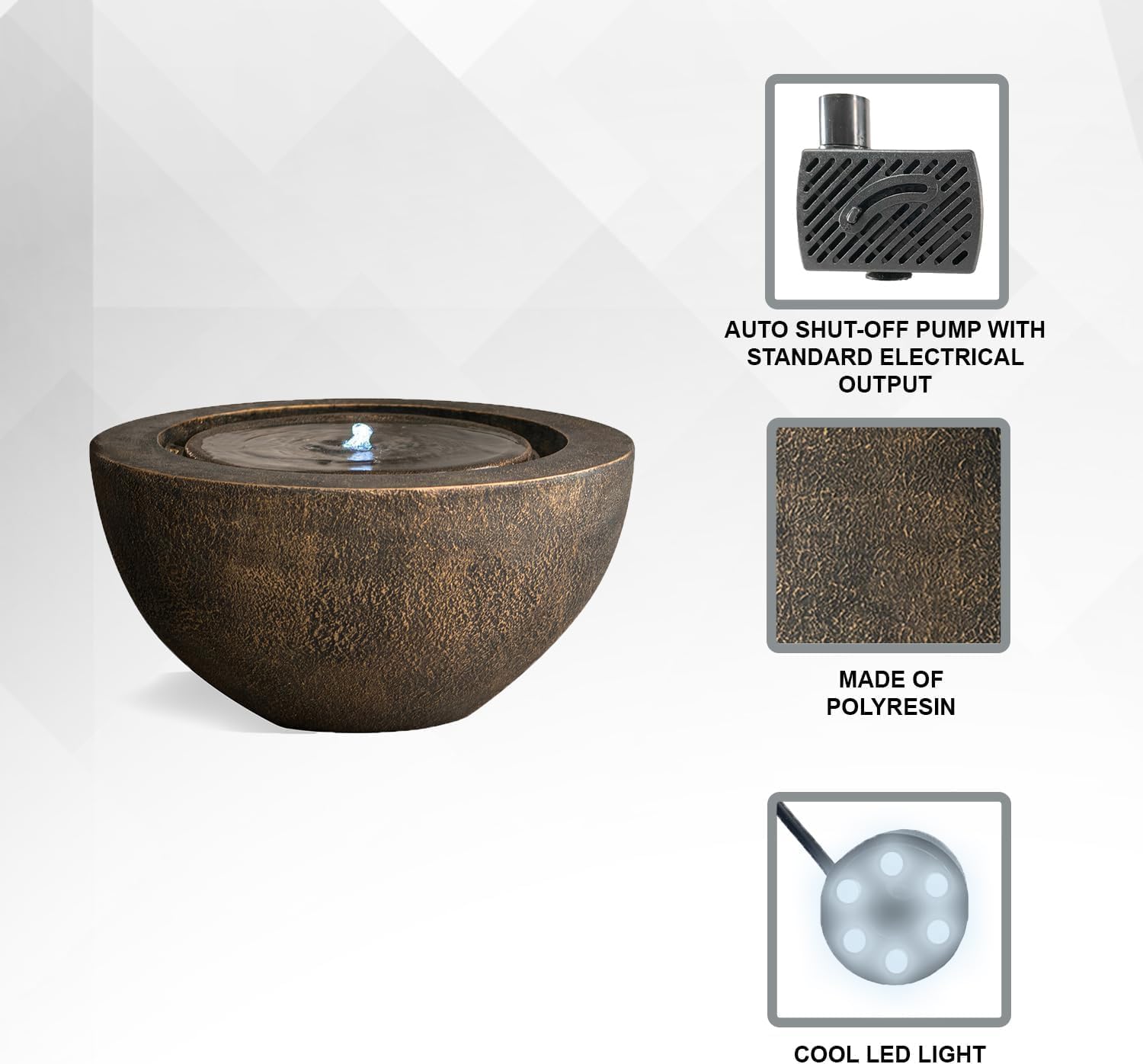 XBrand 19.8" W Round Sphere Water Fountain Indoor Outdoor with LED Light, Polyresin Bubbler Feature for Patio Garden Yard Home Décor, Bronze