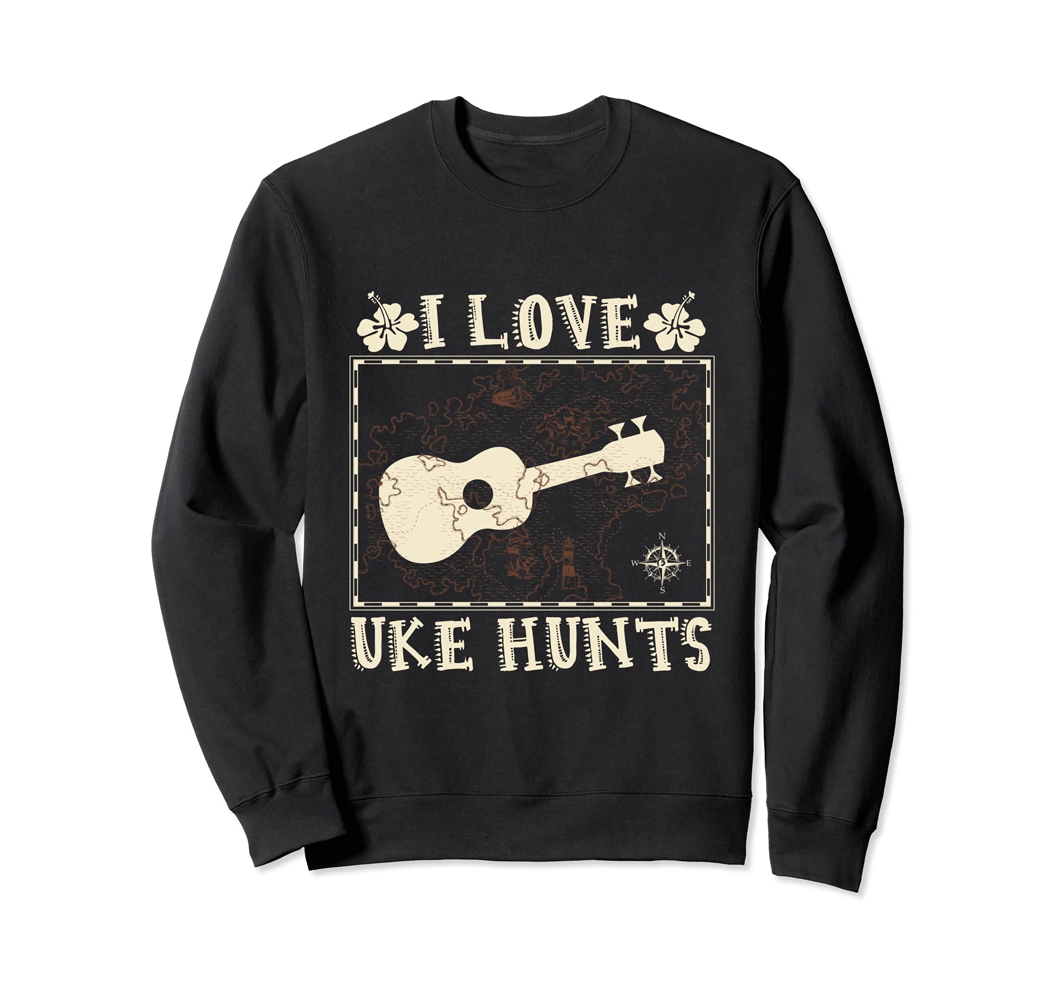I Love Uke Hunts Hawaiian Musician Hawaii Acoustic Guitar Sweatshirt, Black