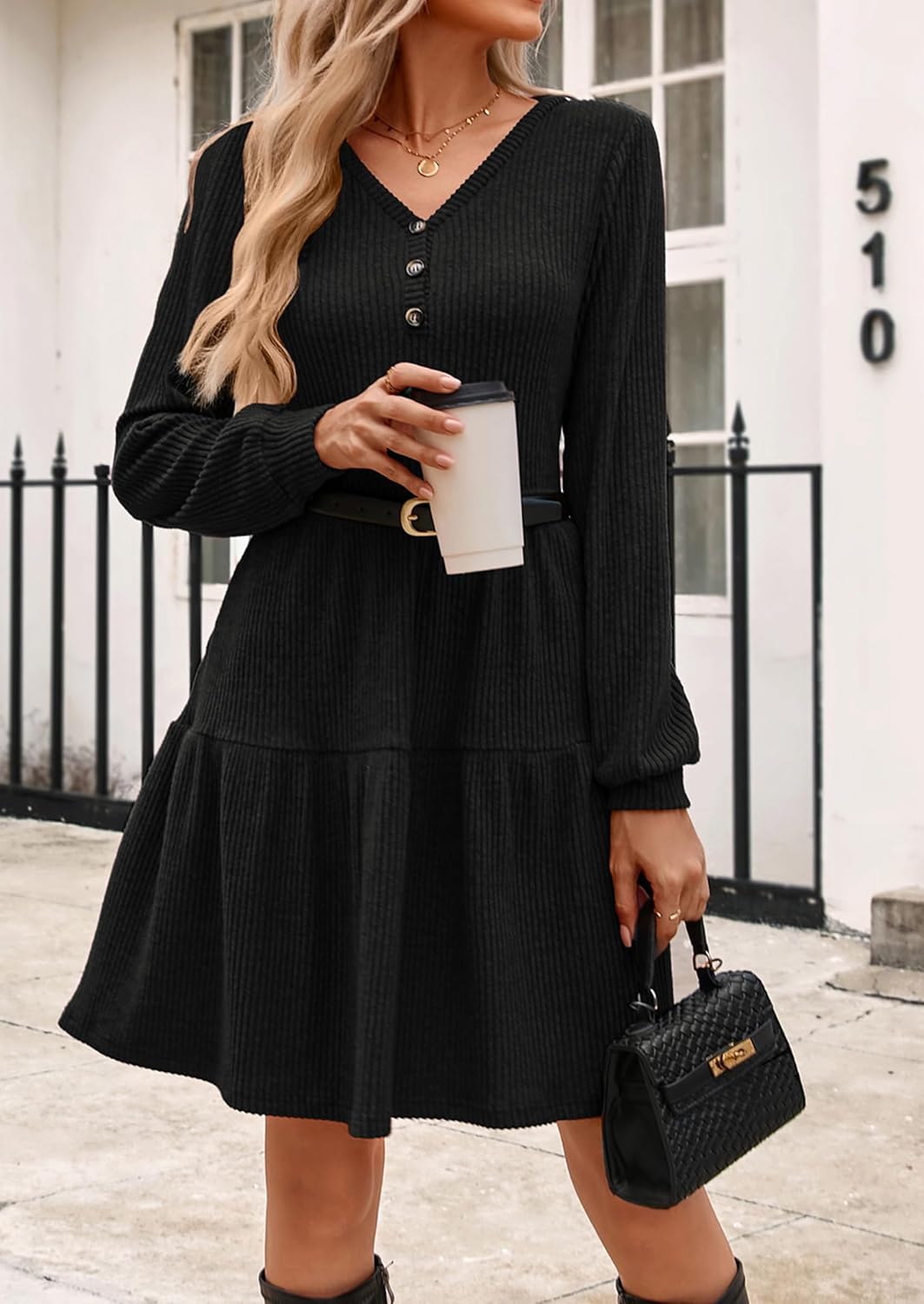 Kate Kasin Women's Long Sleeve Sweater Dresses 2025, Button V Neck Knit Dress, Fall Swing A Line Babydoll Dress with Pockets - Image 8