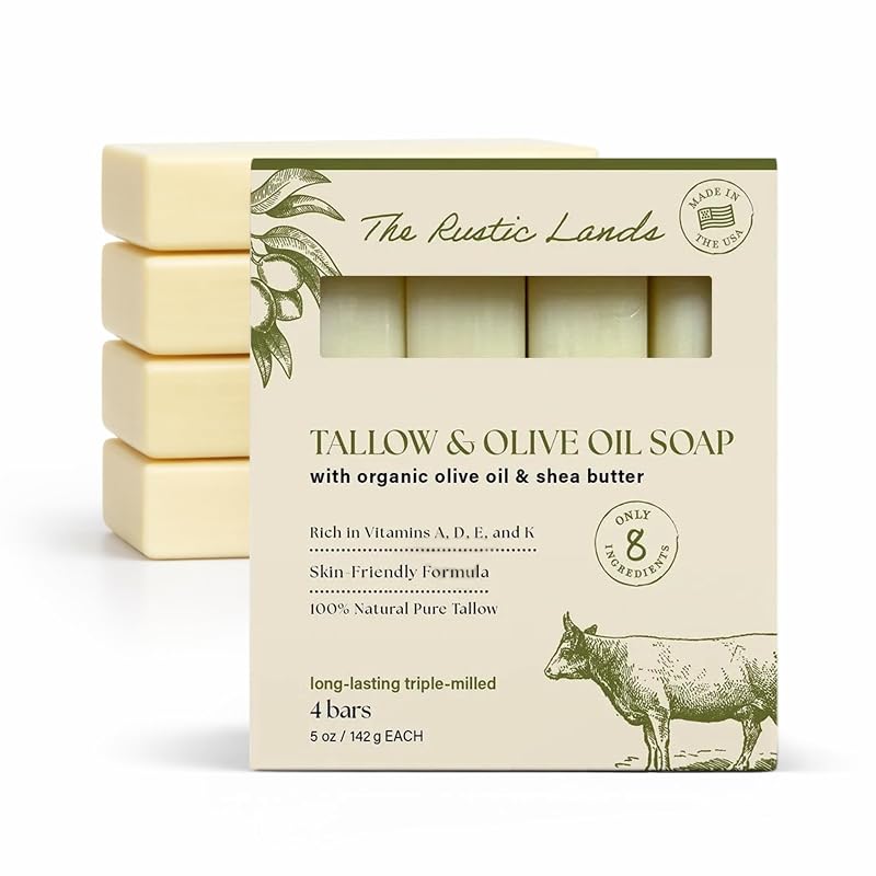 Sabonete em barra com sebo bovino, azeite de oliva orgânico e manteiga de karité THE RUSTIC LANDS, Pacote com 4 unidades de aproximadamente 142 g