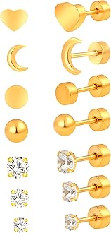 7 Pairs Tiny Hypoallergenic 14K Gold Flat Back Stud Earrings for Sensitive Ears, Surgical Stainless Steel Heart Ball Moon Dot CZ/Cubic Zirconia Stud Earrings for Women Men Cartilage Helix Piercing