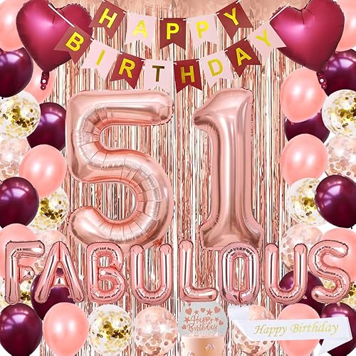 Suministros de decoración de cumpleaños número 51 para niñas y mujeres, pancarta de papel rosa burdeos feliz, cinta para decoración de pastel, papel