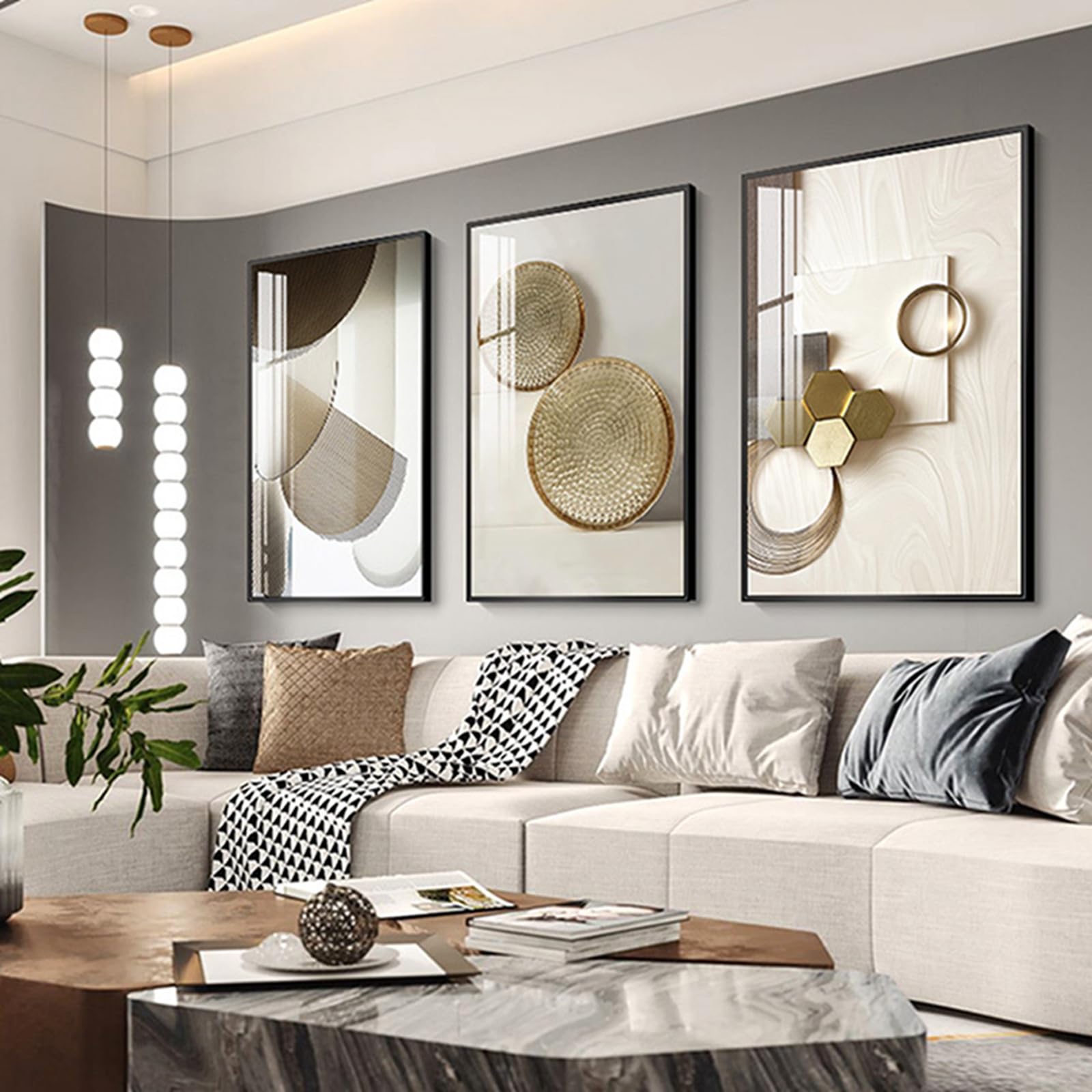 Immagine per Parete Beige Oro Nero 3 Pezzi Moderna Immagine su Tela Non Incorniciata per Camera da Letto, Corridoio, Soggiorno, Moderna Astratto Beige Geometrico Immagine su Tela, Senza Cornice