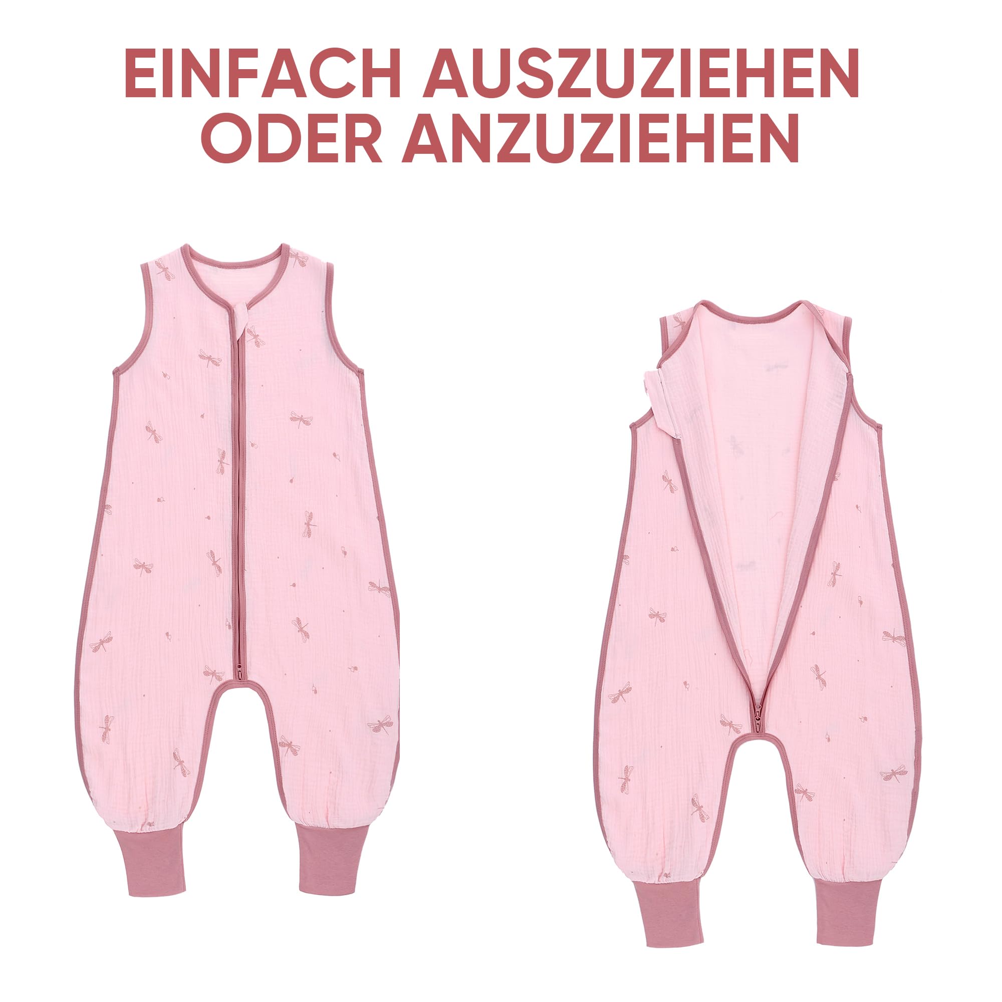 2-pack śpiworek letni dla niemowląt z nogawkami 0,5 Tog 100% bawełna muślin Atmungsaktiv dla chłopców i dziewczynek, ważka, 3-12 M