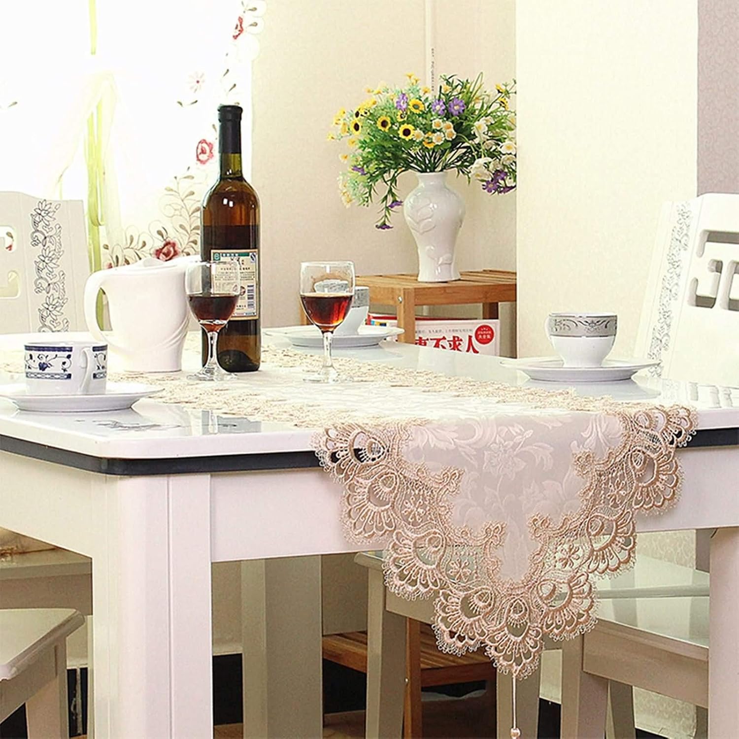 Valentines Table Runner,45x225CM,Flowers Embroidered with Tassel Autumn Table Runner Polyester,Table Runners Beige