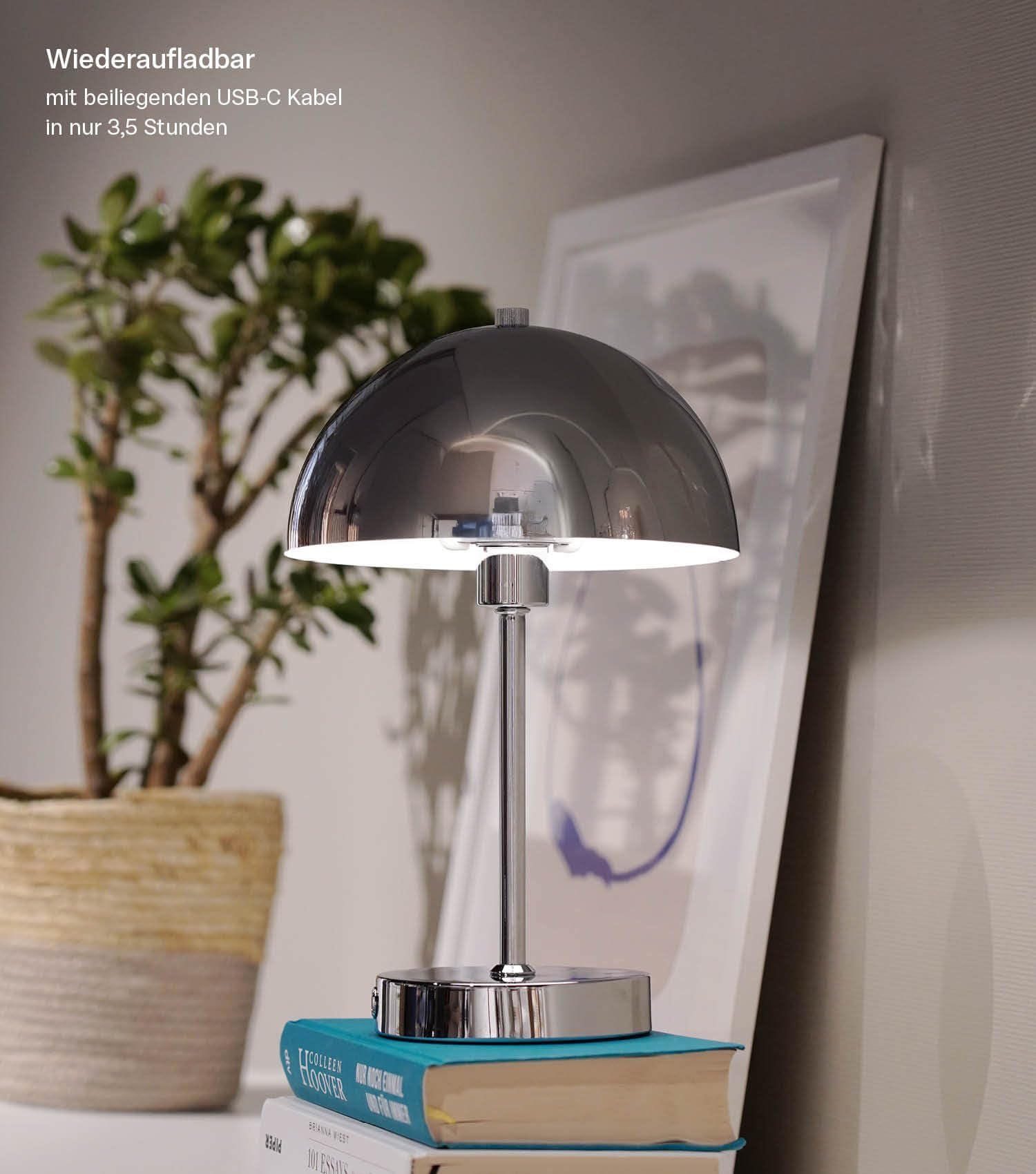 mokebo® LED Tischlampe kabellos, Akku Tischleuchte dimmbar & aufladbar mit USB-C 'Der Leuchtturm', Vintage Flowerpot Lampe, Pilz Lampe & Nachttischlampe Chrom mit Batterie, warmweißes Licht