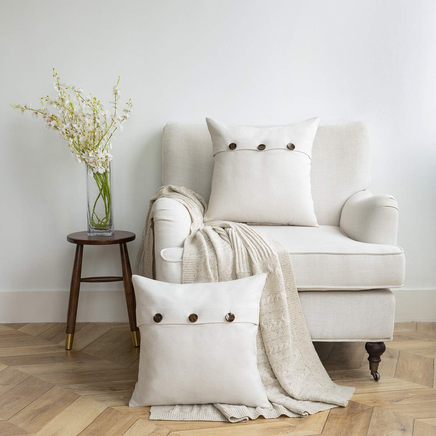 Azume Off White Throw Pillow Covers for Couch Line Couch Pillows with Triple Button,Decorative Pillows for Living Room,18x18 Inch Vintage Rustic Farmhouse Throw Pillow Covers for Couch Sofa Bed
