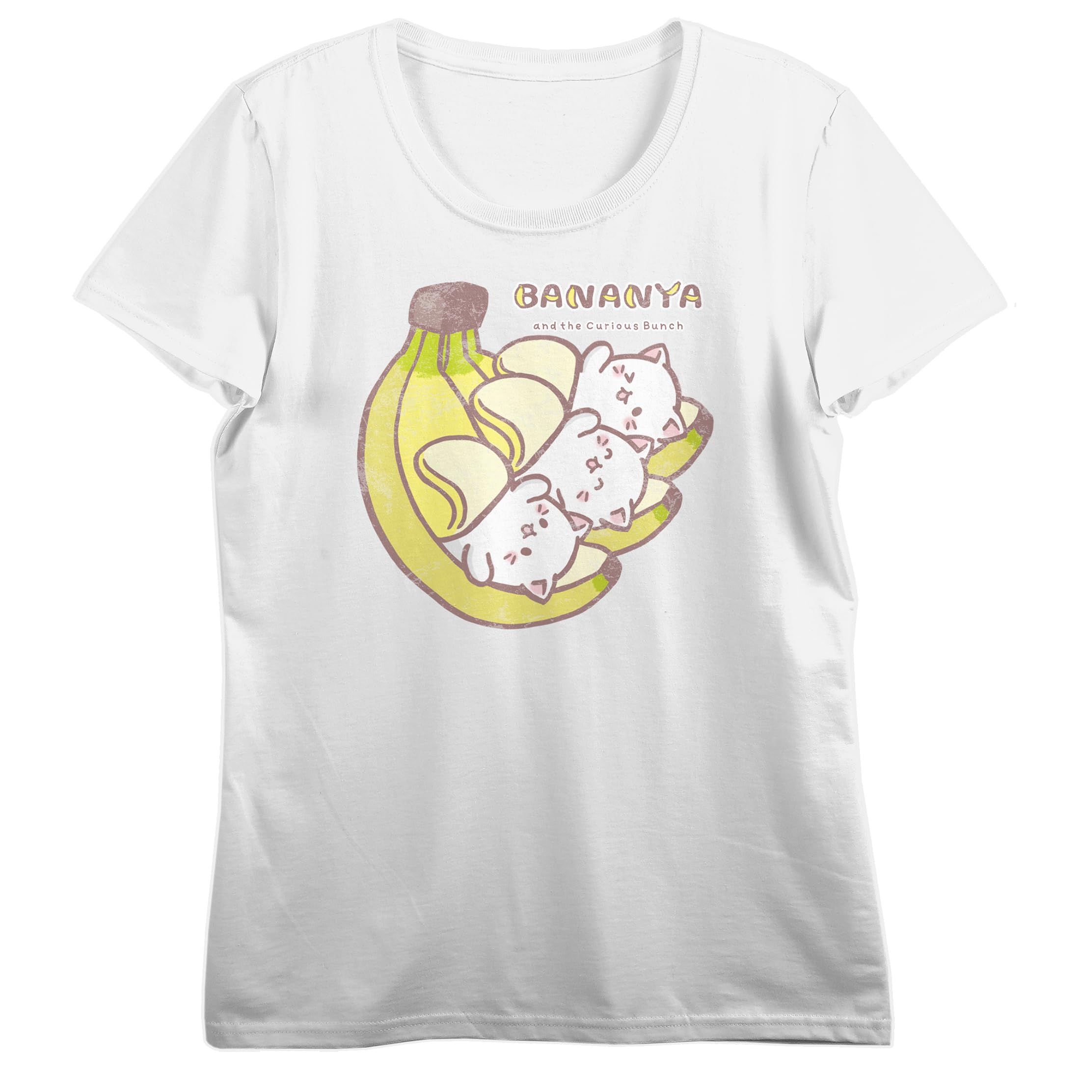 Bioworld Bananya Characters Smiling & Waving Women's White Crew Neck Short Sleeve T-Shirt