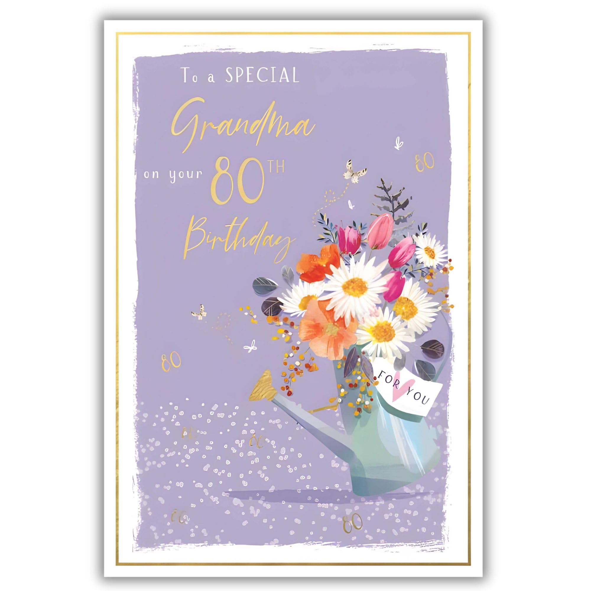 Grandma 80th Birthday Card - Age 80 - Floral Bouquet and Butteflies - Special Finish - Made in the UK