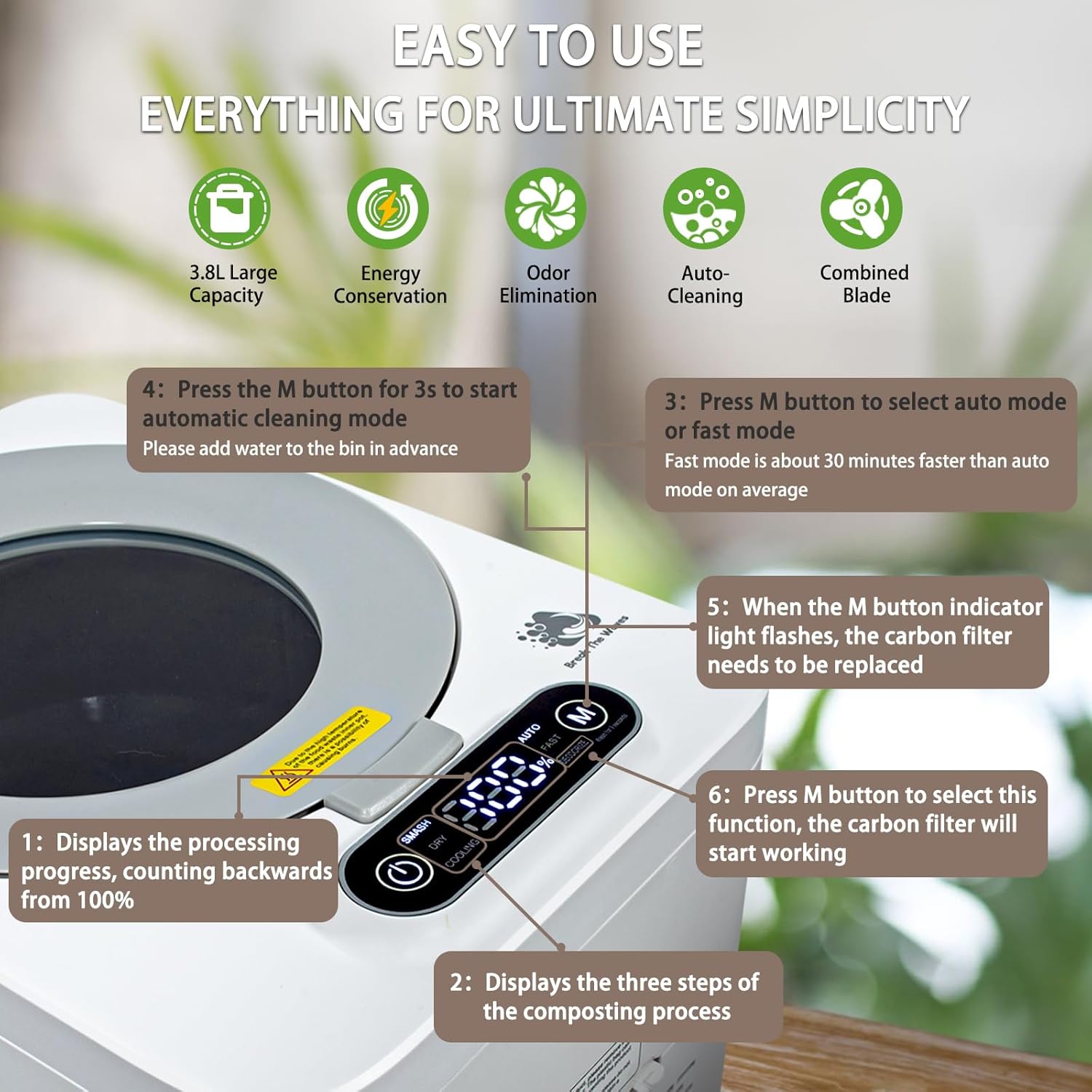 Composter Upgraded Electric Kitchen composting Machine converts Food Waste into Compost Without damaging Roots and Stems -3.8L Odor Absorbing countertop with Visible Glass Cover and Low Noise