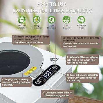 Composter Upgraded Electric Kitchen composting Machine converts Food Waste into Compost Without damaging Roots and Stems -3.8L Odor Absorbing countertop with Visible Glass Cover and Low Noise