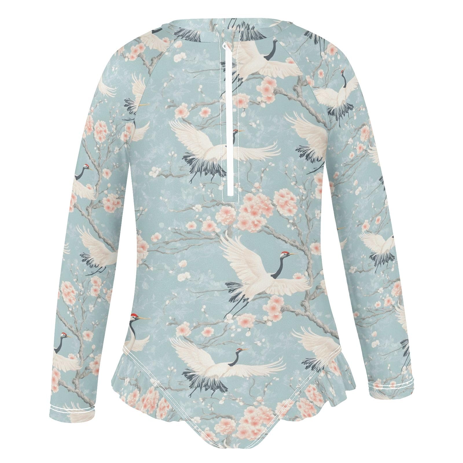 CHIFIGNO Quick Dry One Piece Swimsuits Girls Peach Blossoms White Cranes Rash Guard UPF 50+ Sport Bathing Suit Zipper Swimwear, Size 9-10