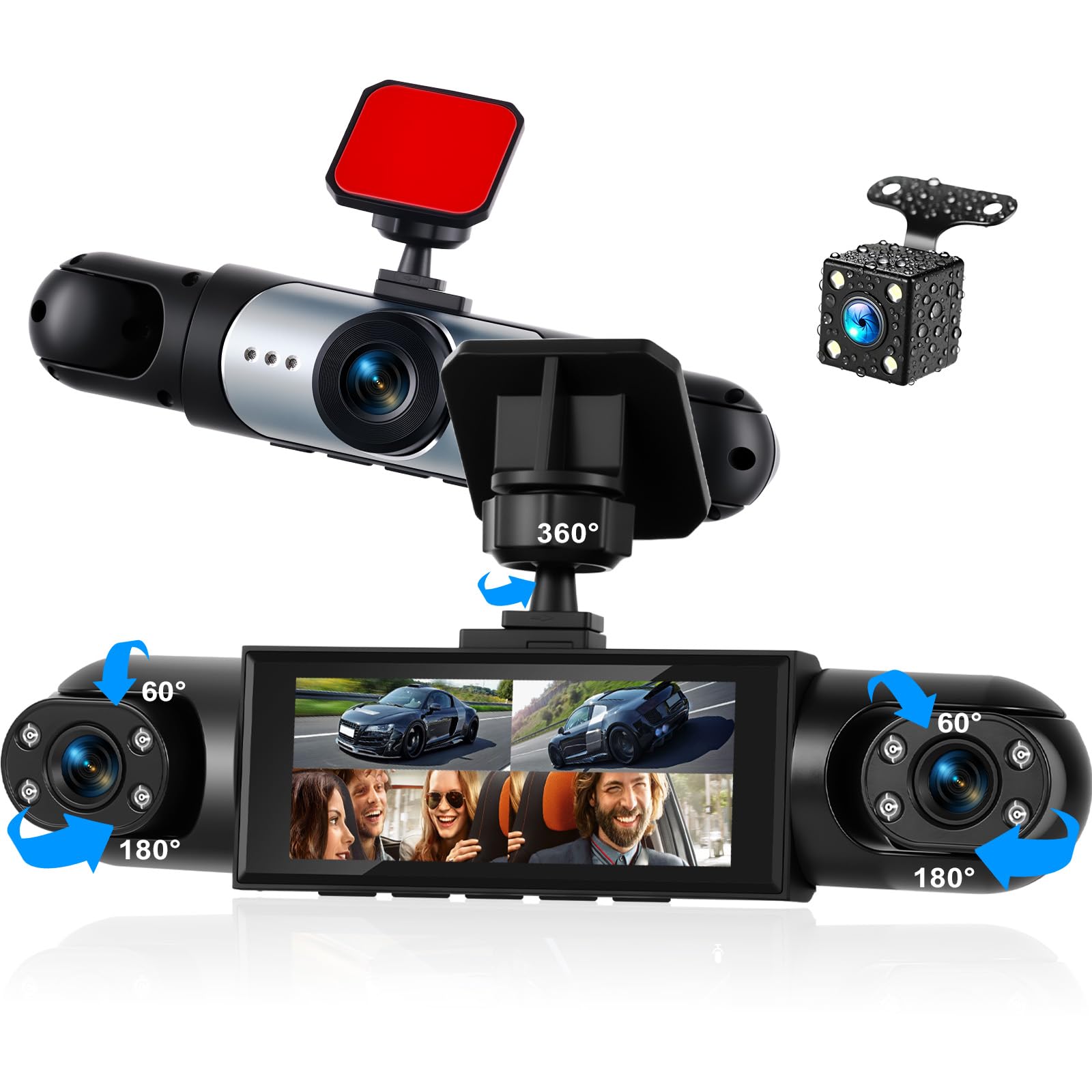 CAMECHO Dashcam 4 Canales 1080P, visión 360° para Coche, 4 cámaras Ajustables, Pantalla 3.16", guías de Aparcamiento, Compensación de exposición, grabación en Bucle, Montaje Sencillo