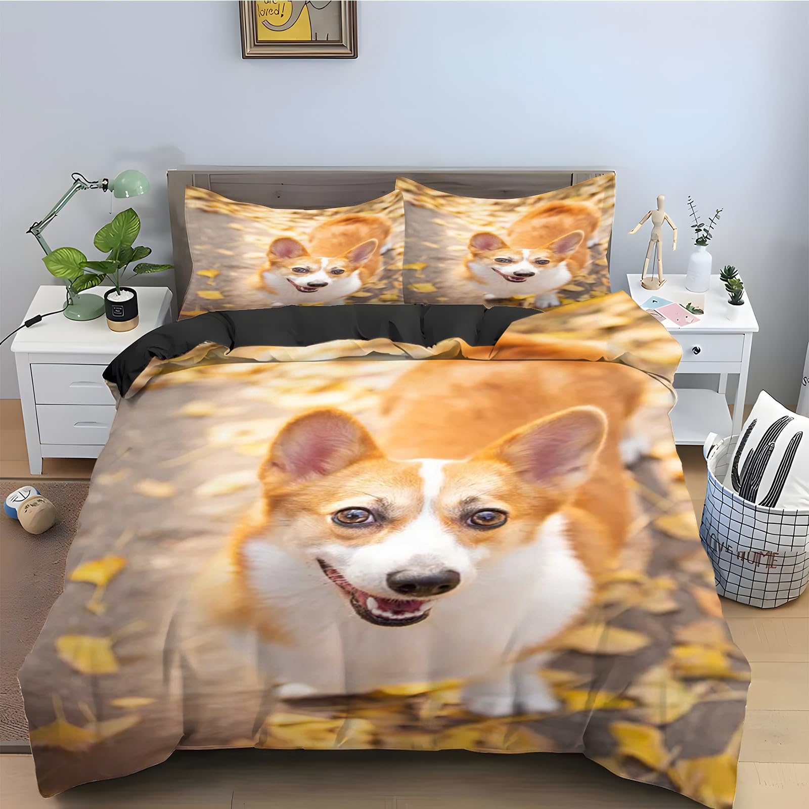 Housse couette 200x200 corgi sans repassage avec fermeture éclair pour lit anti-plis