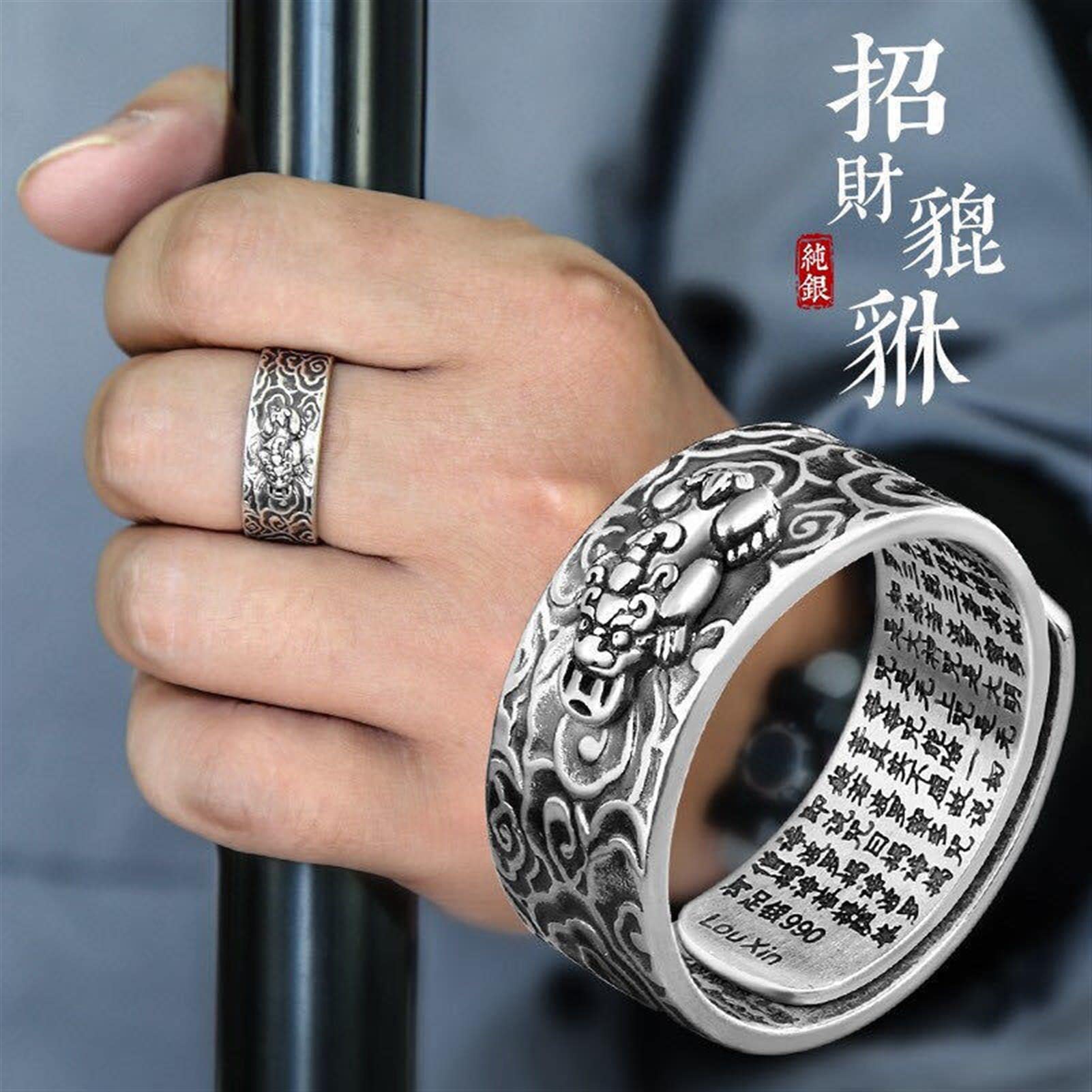 99 Srebrny Feng Shui Pixiu Mantra Pierścień Buddyjski Amulet Szczęścia Mantra Podwójna Ochrona Bogactwo Miłość Zdrowie Pierścionek Prezent dla Mężczyzn Kobiet