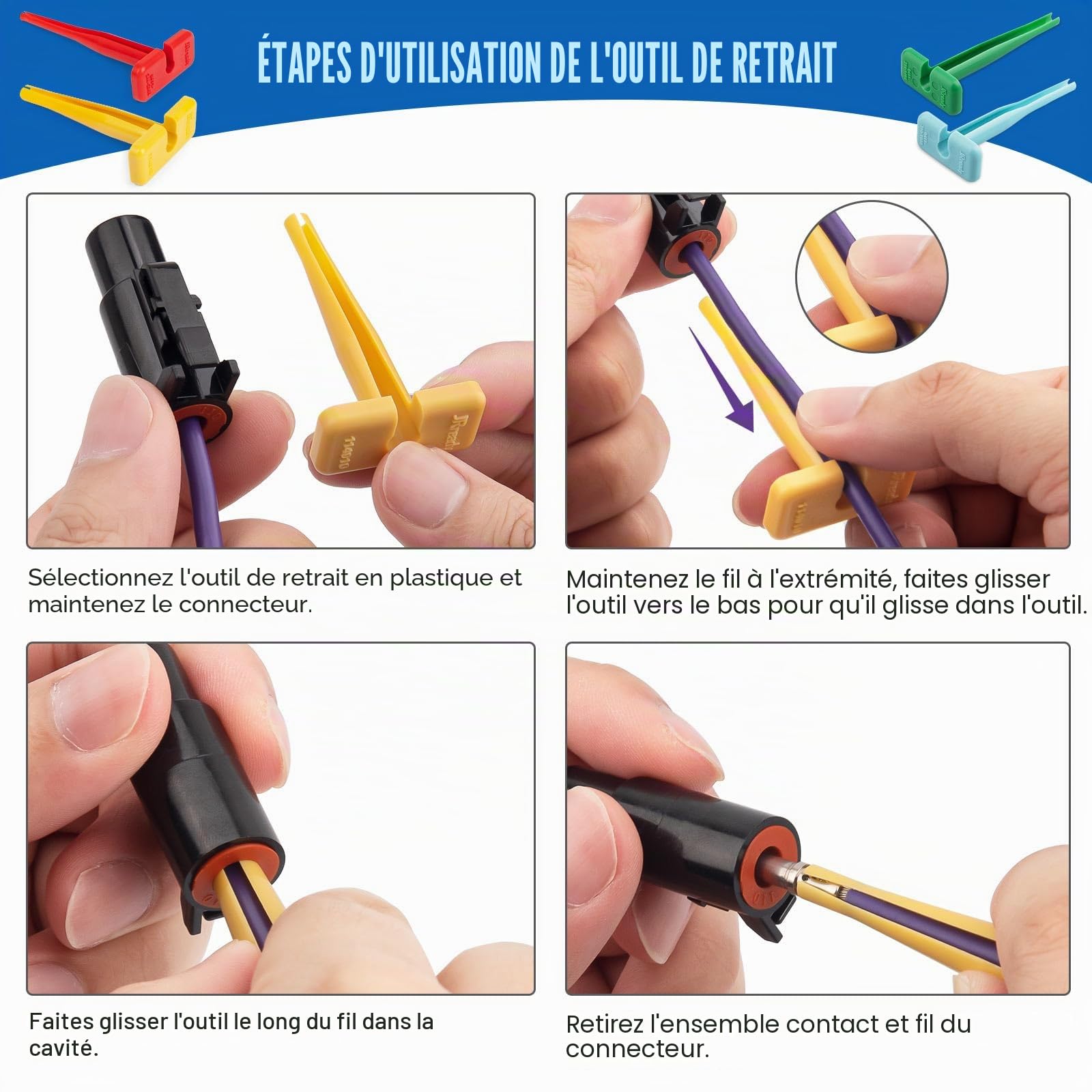 JRready ST5231-08 Kit d'outil d'extraction d'épingle allemand Pour 12# 16# 20# Contacts solides & estampés 10-22 AWG Outil de déverrouillage connecteur automobile Pour connecteur allemand