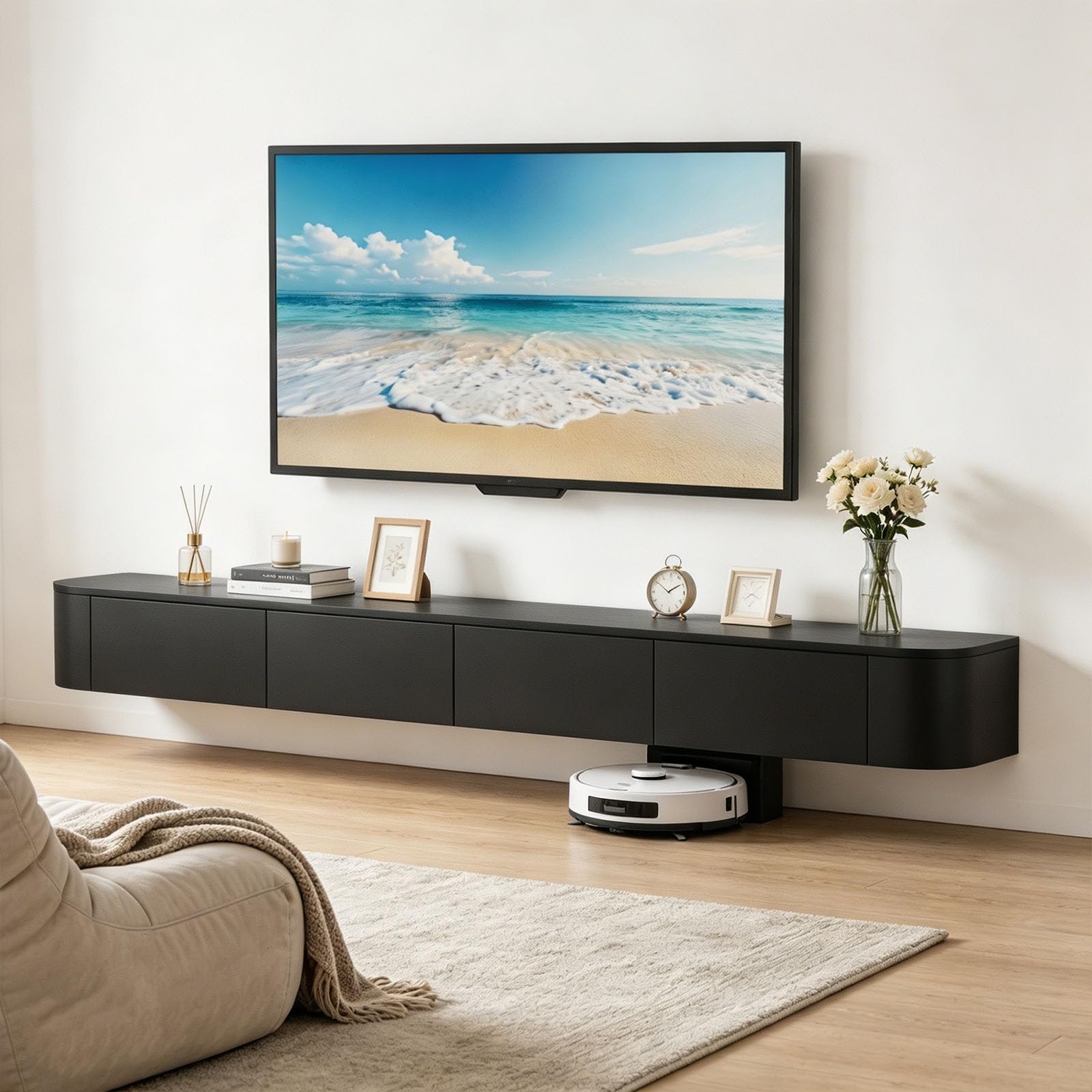 YLGJ&TIDY 200CM/78.7'' Floating TV Unit Wall Mounted, Modern Media Wall TV Unit, TV Console with 2 Drawers & 2 Pull-Out Doors, TV Stands Cabinet for Living Room, Bedroom, Black