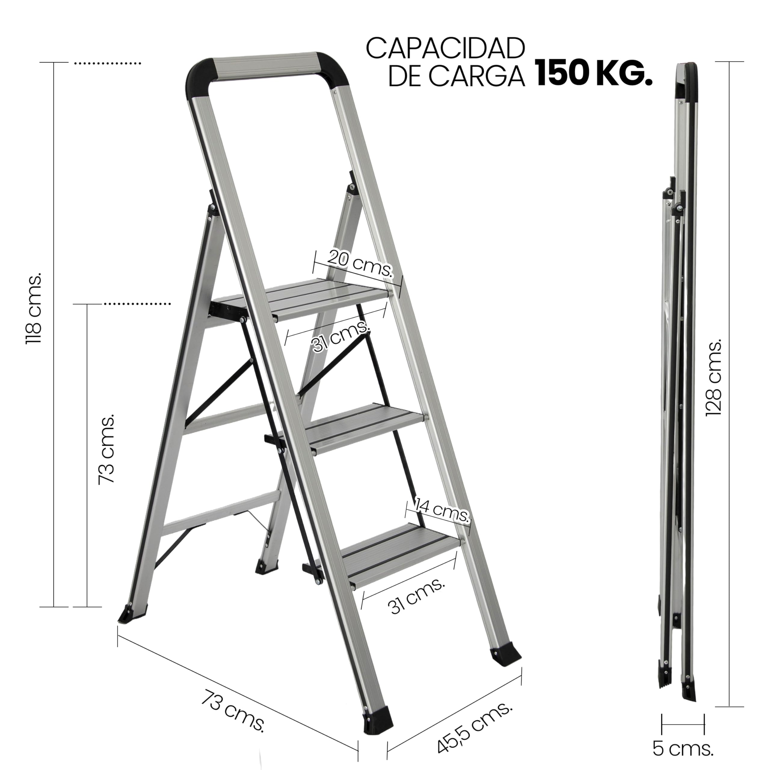 UZIRO Escalera 3 Peldaños, Escaleras Plegables de Aluminio Liviana, Decorativa, Peldaños Anchos Antideslizantes, Mecanismo Antiplegado, Compacta, Fácil de Guardar (3 Peldaños)