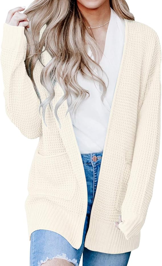 MEROKEETY Womens Long Sleeve Waffle Knit Cardigan Open Front Side Slit Sweater
