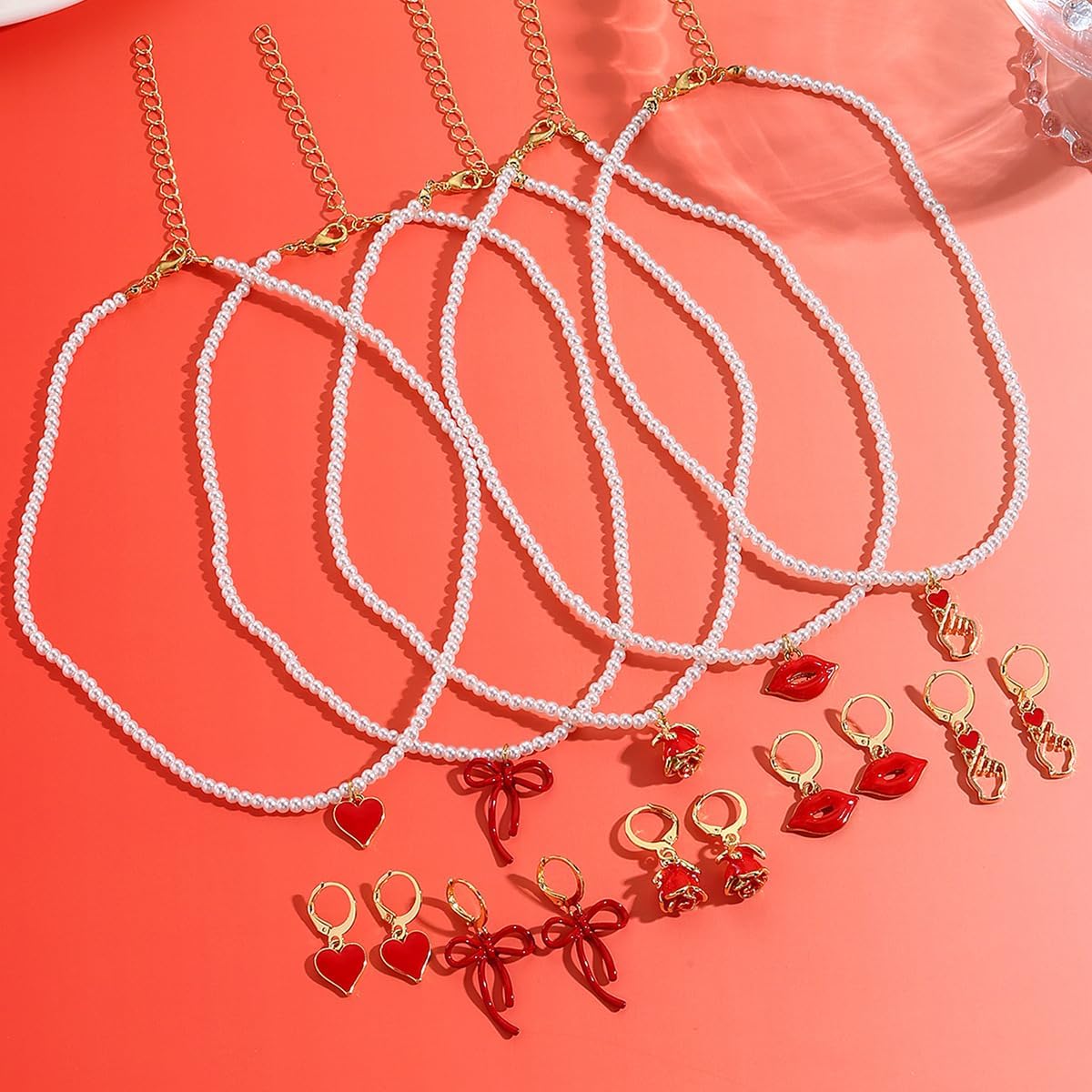 ONLYJUMP 2 Pairs Pearl Heart Necklace Earring Set for Women Dainty Pearl Pendant Necklace Red Heart Bow Flower Lip Hoop Earrings Wedding Party Jewelry - Image 6