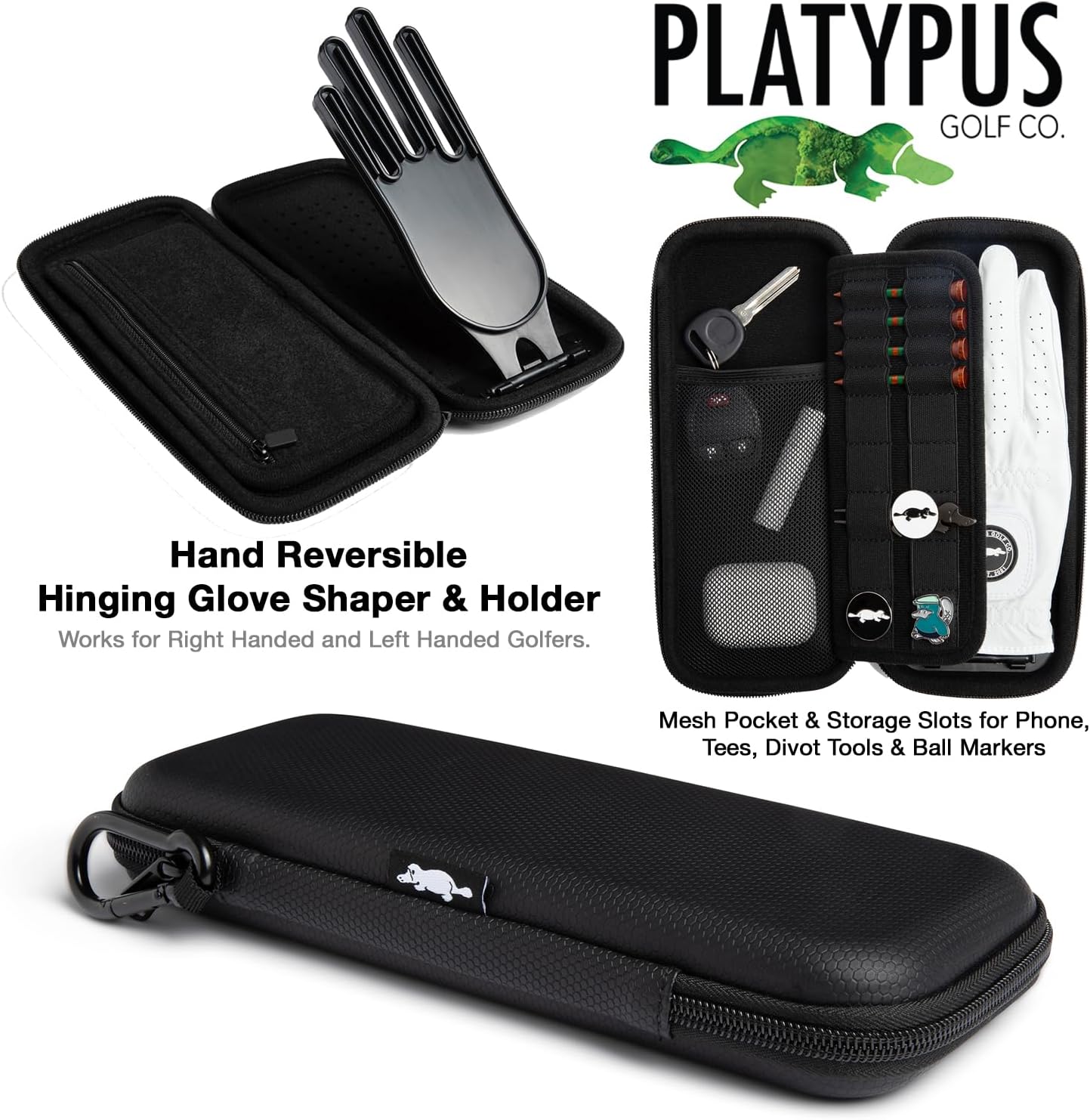 Platypus Golf Co. Golfing Caddie EVA Travel Case Organizer in Black Hexagon with Bamboo Tees & Ball Marker - Hand Reversible Hinging Glove Shaper & Holder & Hickory Wood Golf Club Brush