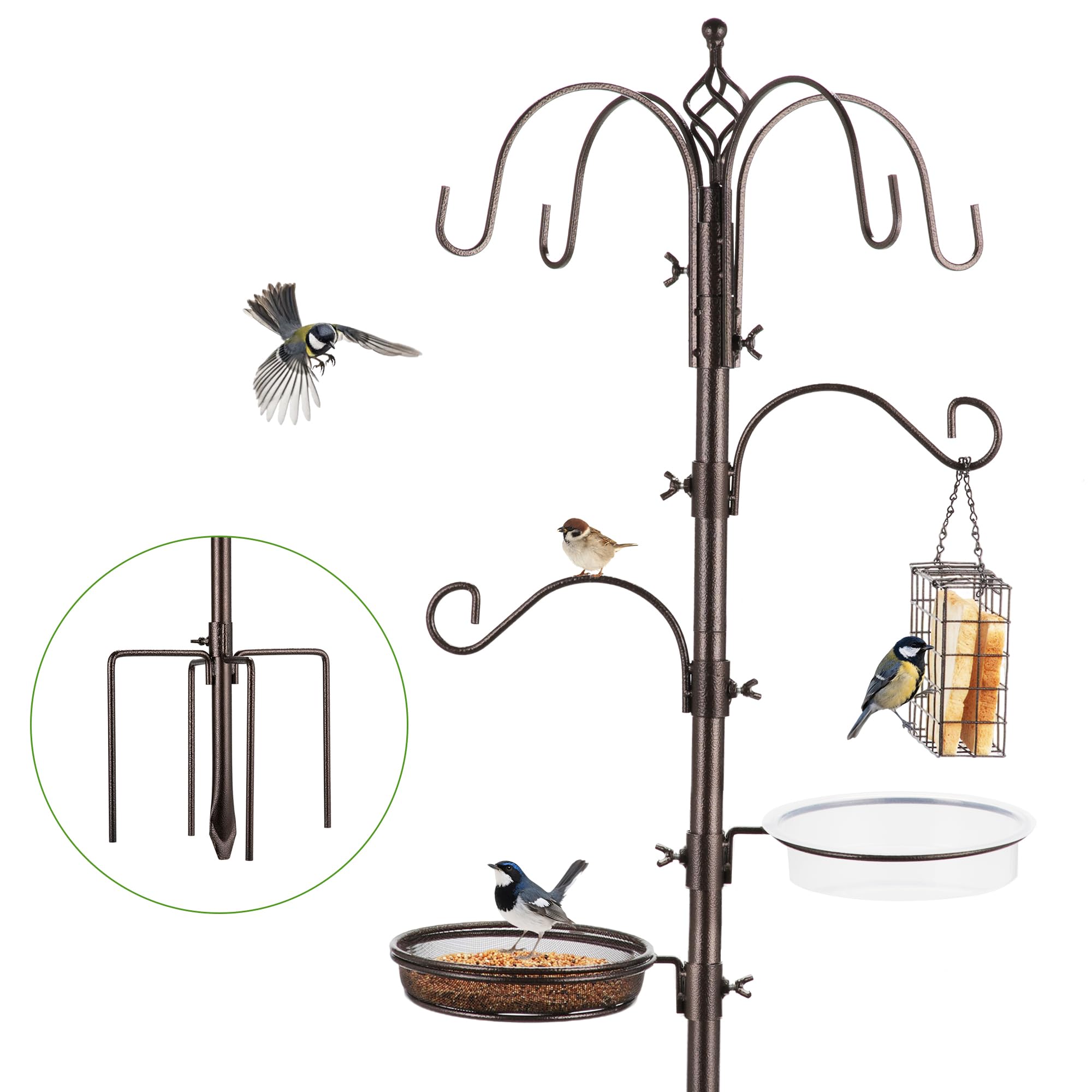 Asta in Metallo sospesa Ganci Multipli Stazione di Alimentazione mangiatoie, Vassoio Bagno, mangiatoia Semi con Gabbia sugna - Supporto per Uccelli da Giardino