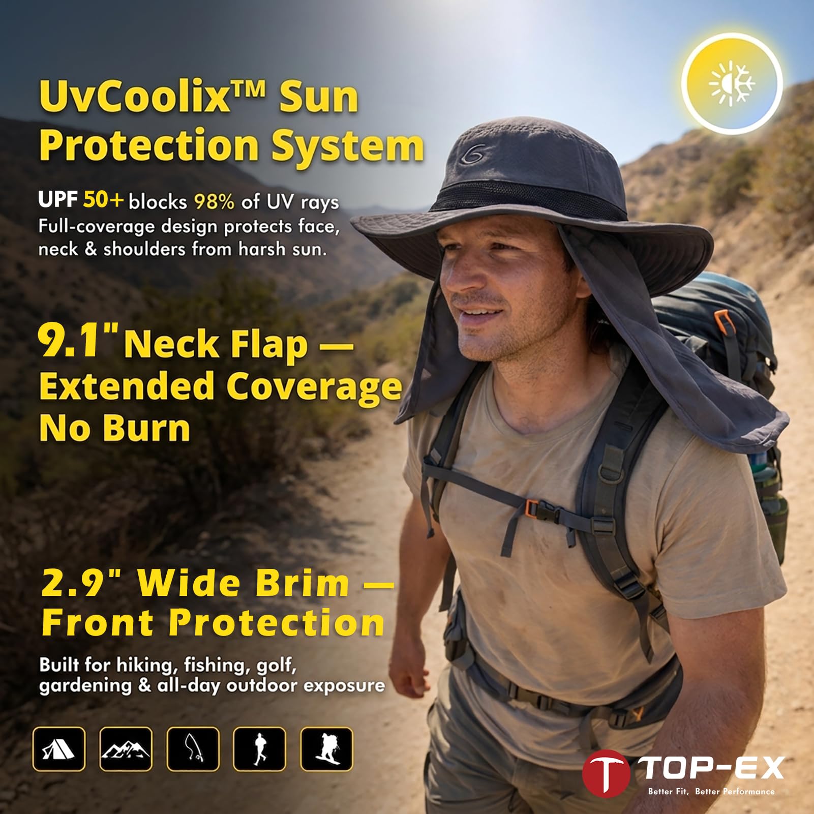 TOP-EX UVCoolix™ Chapeau de soleil rafraîchissant avec rabat tour de cou, UPF 50+ protection UV à large bord pour les chaudes journées en plein air