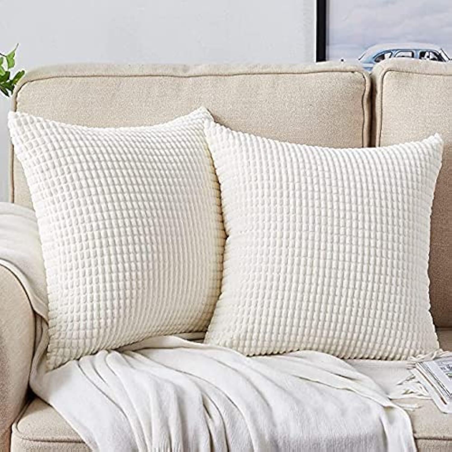 CHANEDE White Cream Pillow Covers 2 Sets Decorative White Throw Pillow Covers 18x18 Inch, Soft Corduroy Cushion Covers Corn Striped, Home Decor for Couch