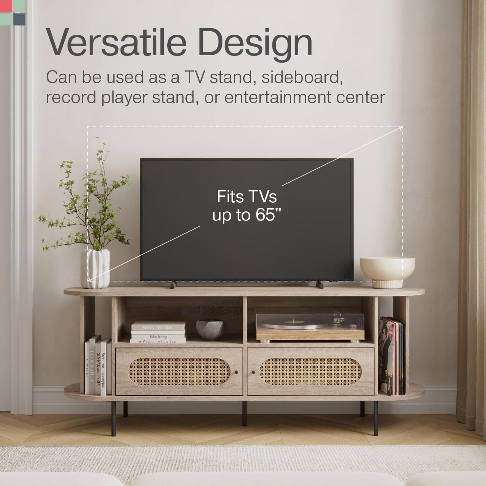 Stead Oval Rattan TV Stand & Media Console, 63-Inch Entertainment Center with Storage - Supports 32-65 Inch TVs - Modern TV Consoles for Living Room with Soft-Close Cabinet Doors, Retro Light Oak