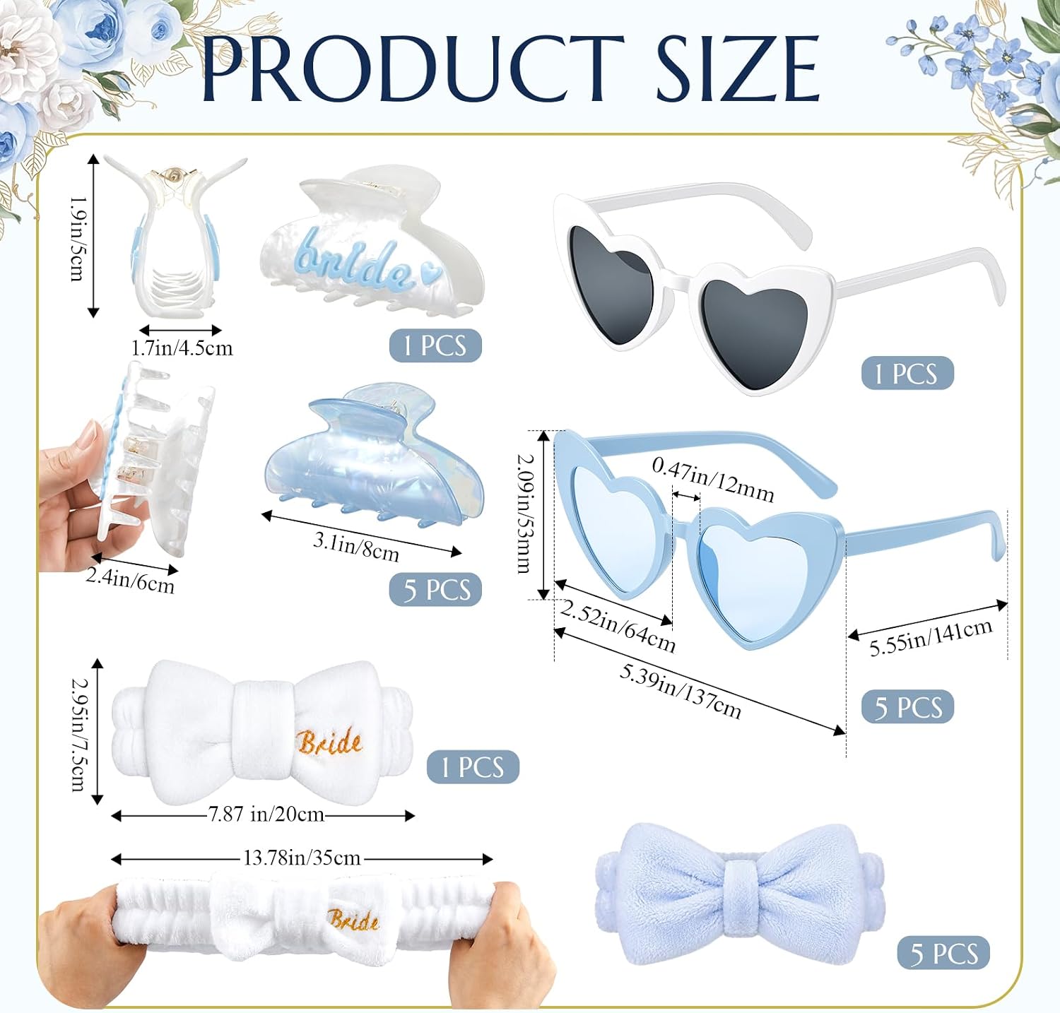 XunYee 18 Pcs Blue Bachelorette Party Favors Set Bride Bridesmaid Gifts Heart Sunglasses Hair Claw Clips Spa Headbands Bridal Shower Accessories Wedding Proposal Supplies for Bridal Party Favors