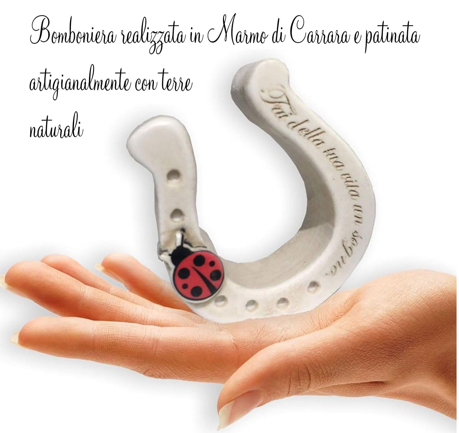 Regalami.Shop 10 Bomboniere Ferro di Cavallo in Marmo di Carrara Patinato + 10 Scatole, 10 bigliettini Bianchi e 10 portaconfetti, Ideali per Tutte Le Cerimonie