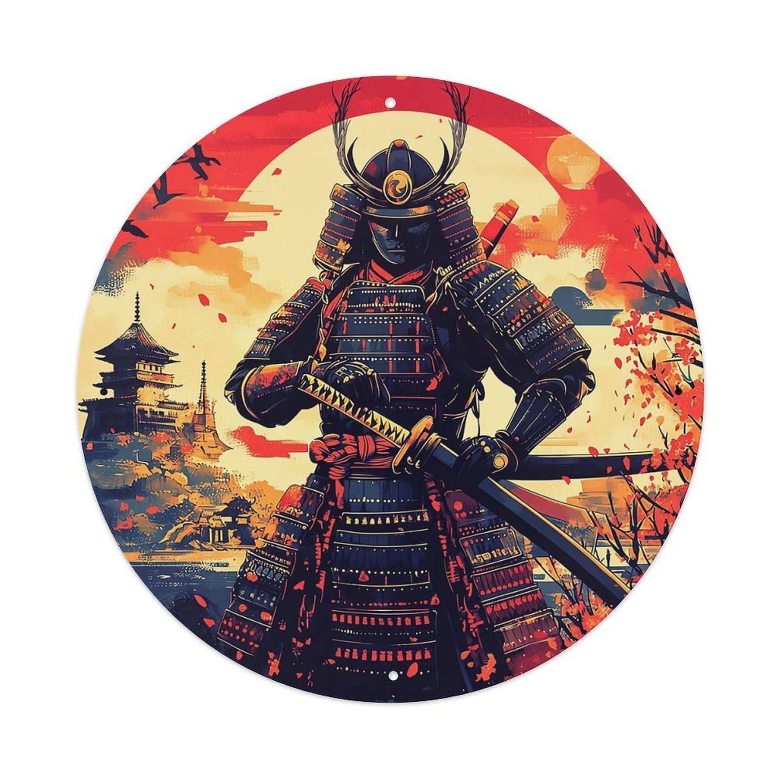 Samurai Warrior Autumn Sunset Scene Vintage Metal Tin Sign Retro Wall Decor for Home Bar Garage Cafe, Indoor & Outdoor Decorative，circle Metal Poster, 8x8 Inch