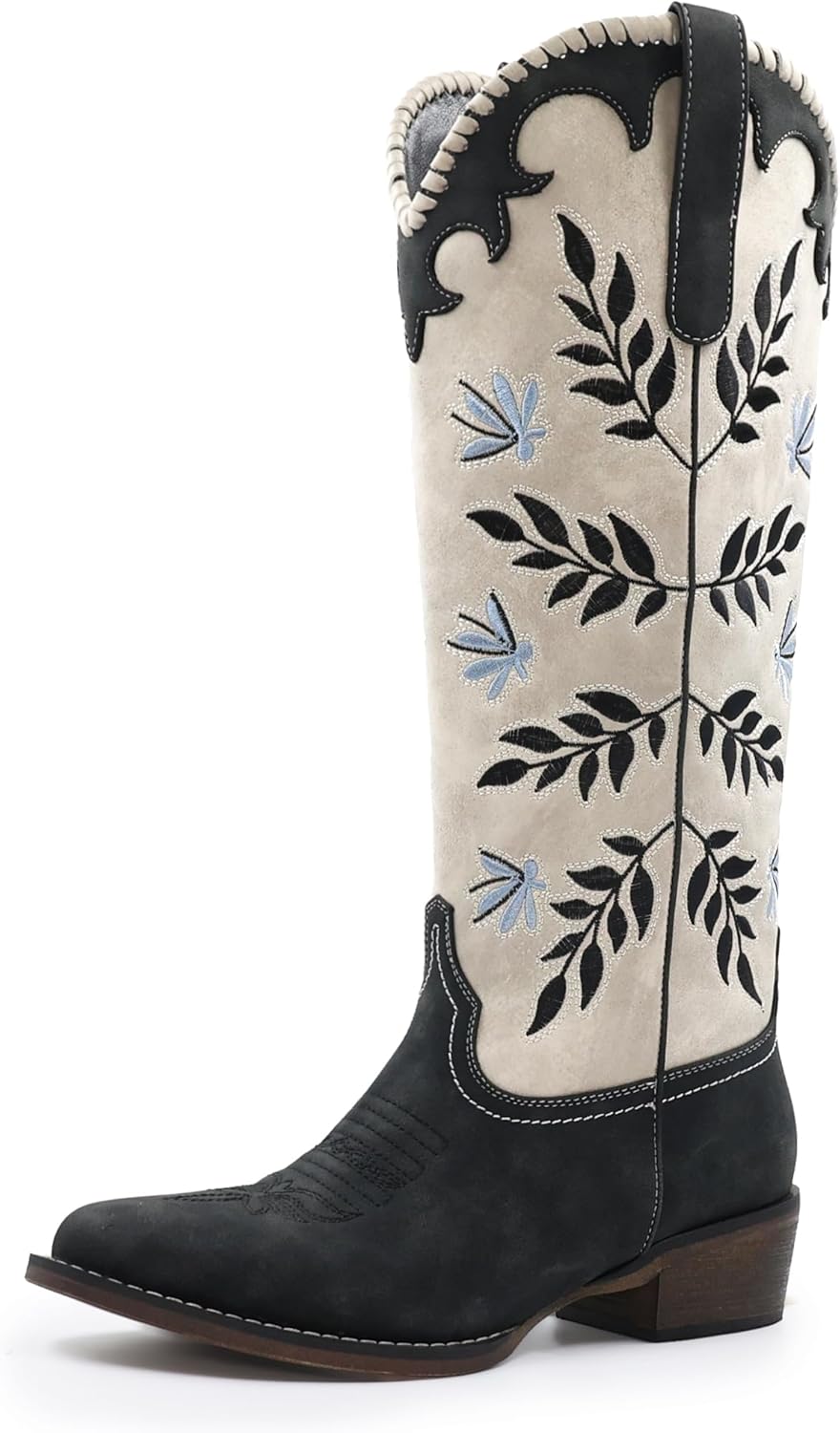 Womens Cowboy Boots Leaf Embroidered Pull on Knee High Round Toe Comfortable Chunky Heel Western Cowgirl Riding Boots