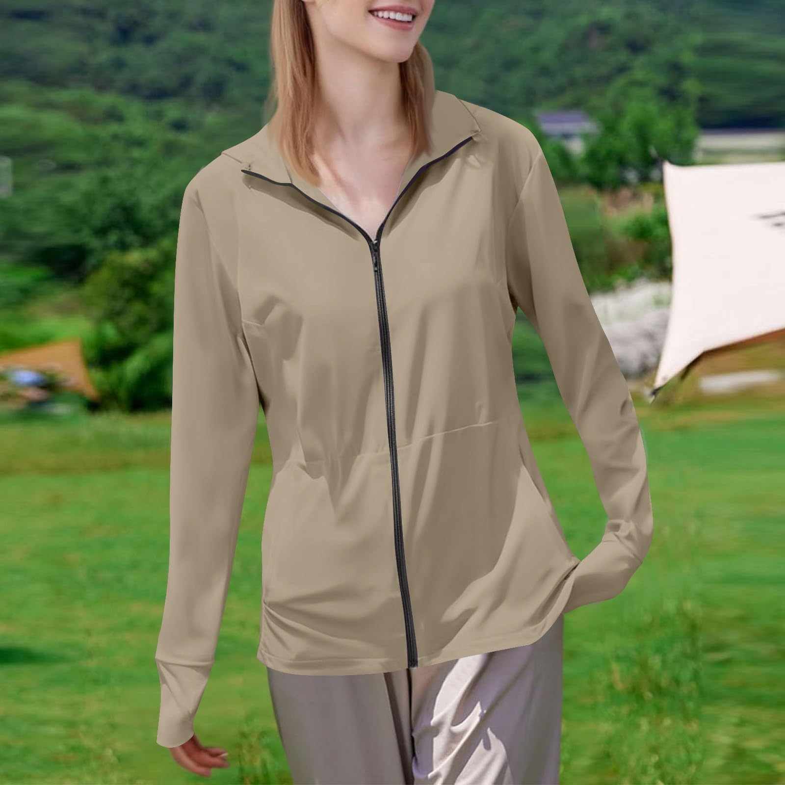 UPF 50+ Womens Long Sleeve Full Zip Sun Protection Top Quick Dry Lightweight Workout Hiking Swim Shirt Jacket(Khaki,Large)