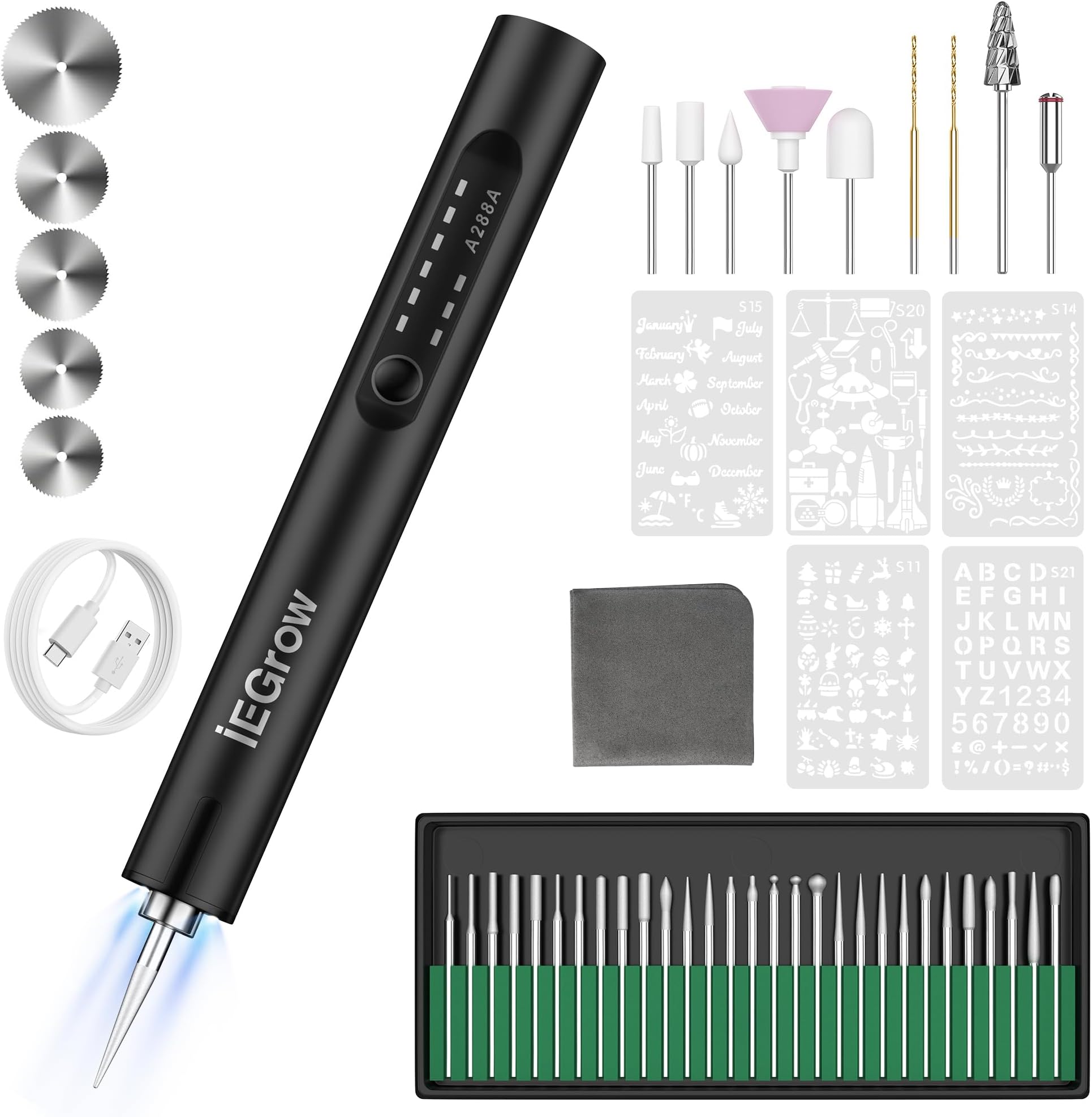 Electric Engraving Pen with Light, Mini DIY Electric Etching Machines with 44 Bits,USB Rechargeable Cordless Rotary Tool,Engraving Pen for Metal, Wood,Black