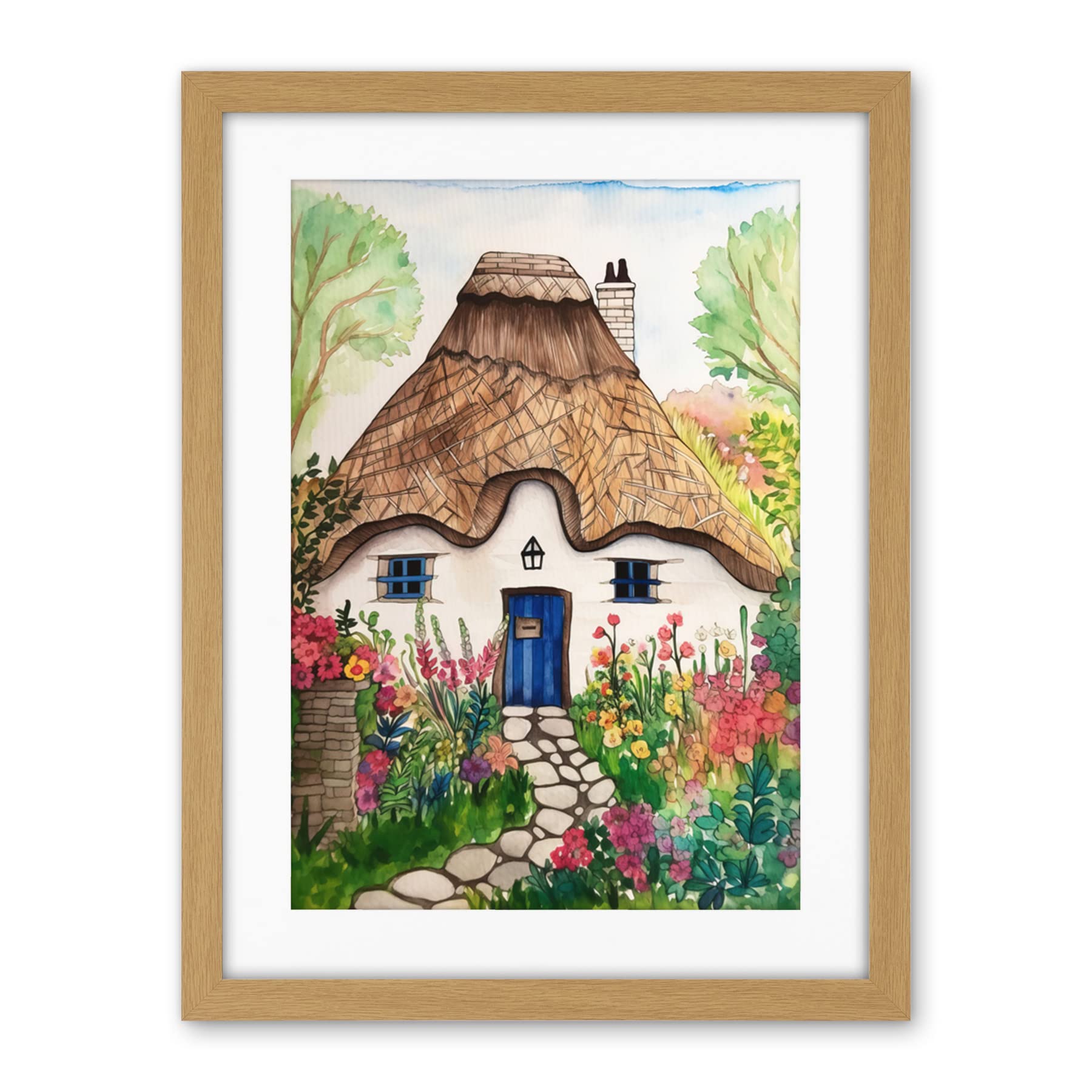 Artery8 The Cottage In The Forrest Flowers Folk Art Artwork Framed Wall Art Print 18X24 Inch