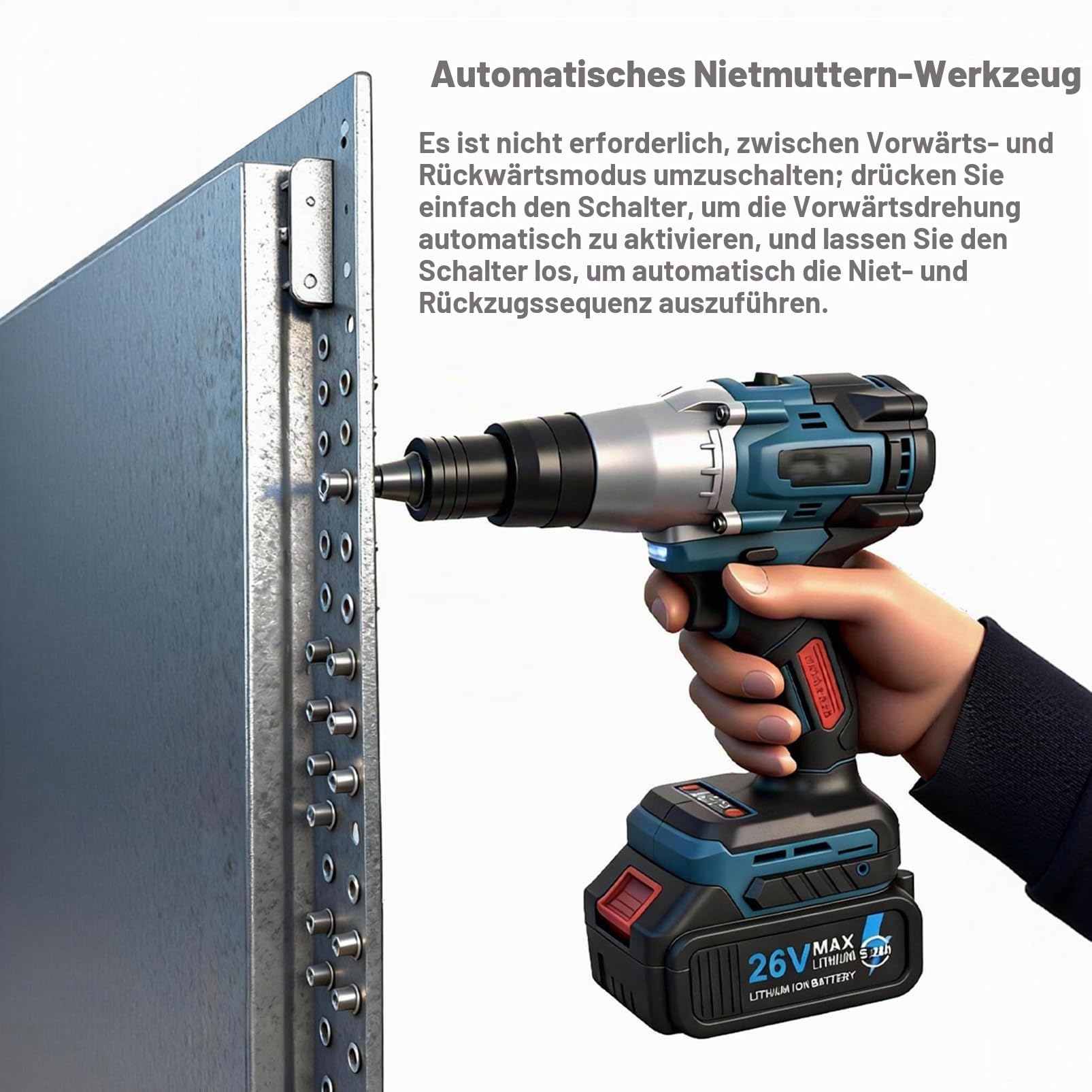 Nietzange Akku Elektrisch Nietmaschine, Automatisch Nietmuttern-Set mit Zwei Geschwindigkeitsstufen, Akku-Nietmutterngerät mit 5200mAh Batterie für M3 M4 M5 M6 M8 M10 M12