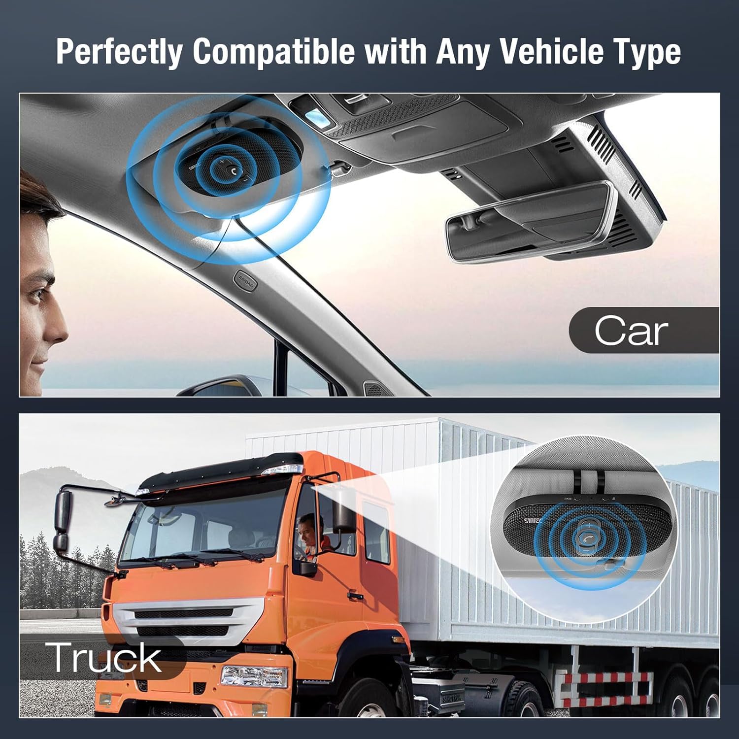 Manos Libres Coche Bluetooth 5.1 con Siri Asistente,Indicaciones de Voz,Conexión de 2 Teléfonos Simultáneamente,6W Altavoz Inalámbrico con Clip de Visera-BC990P
