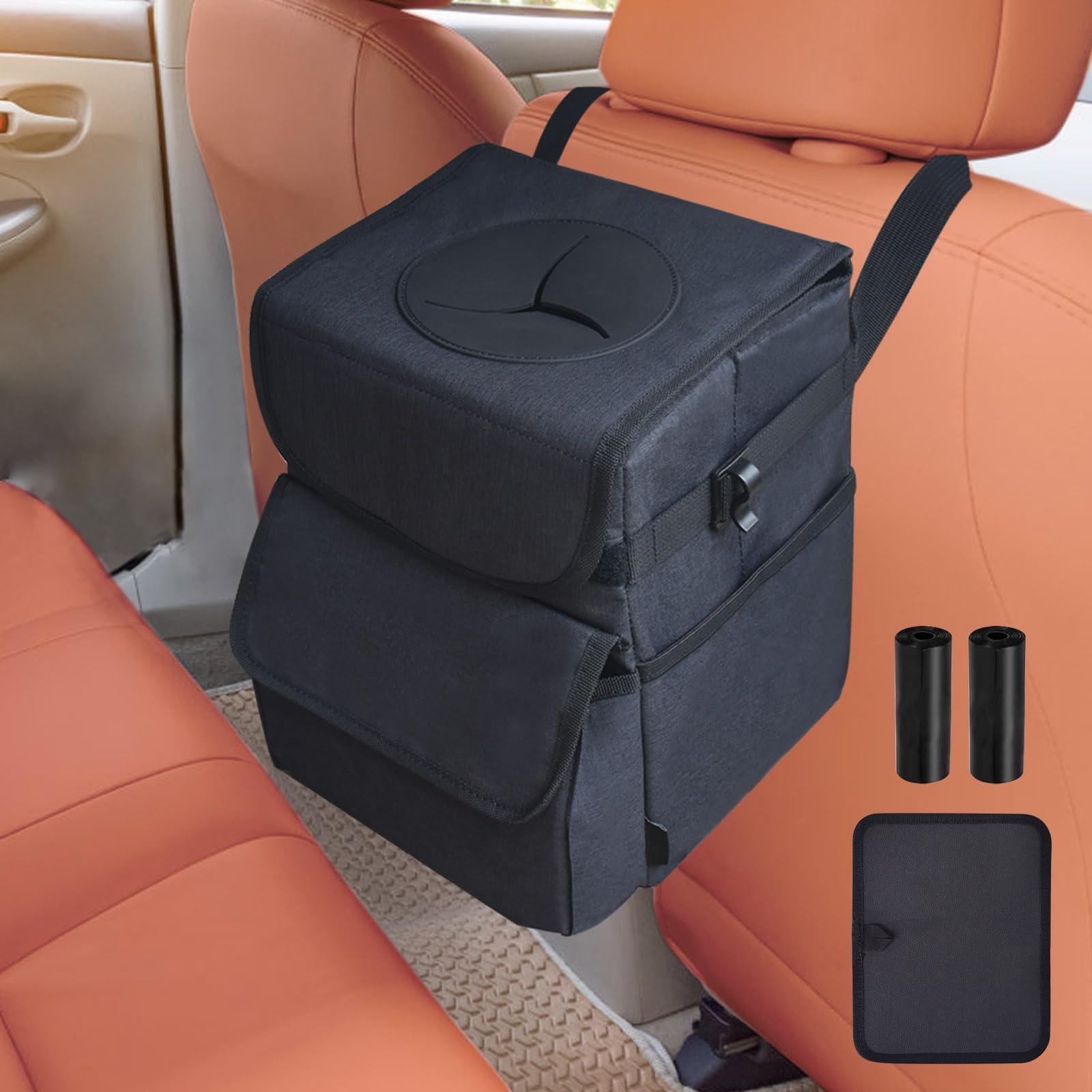 Bote de basura para auto de Illinois, plegable, extraíble, impermeable, apto para camionetas, SUV, autos, bote de basura multiusos con tapa, accesorios interiores para auto, bote de basura fácil de instalar.