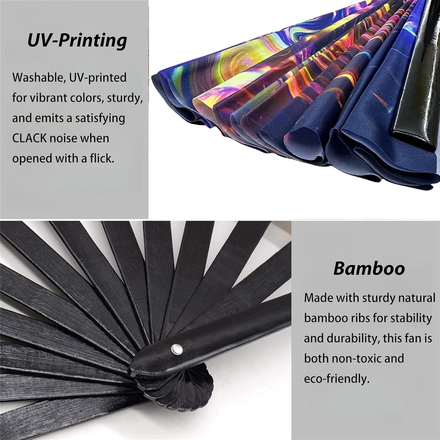 13‘’ UV Glow Large Rave Fan for Men Women, Decorative Folding Hand Fan for Party, Home Decoration, Gift, Music Festival Essential, EDM Rave Accessories (Waves)