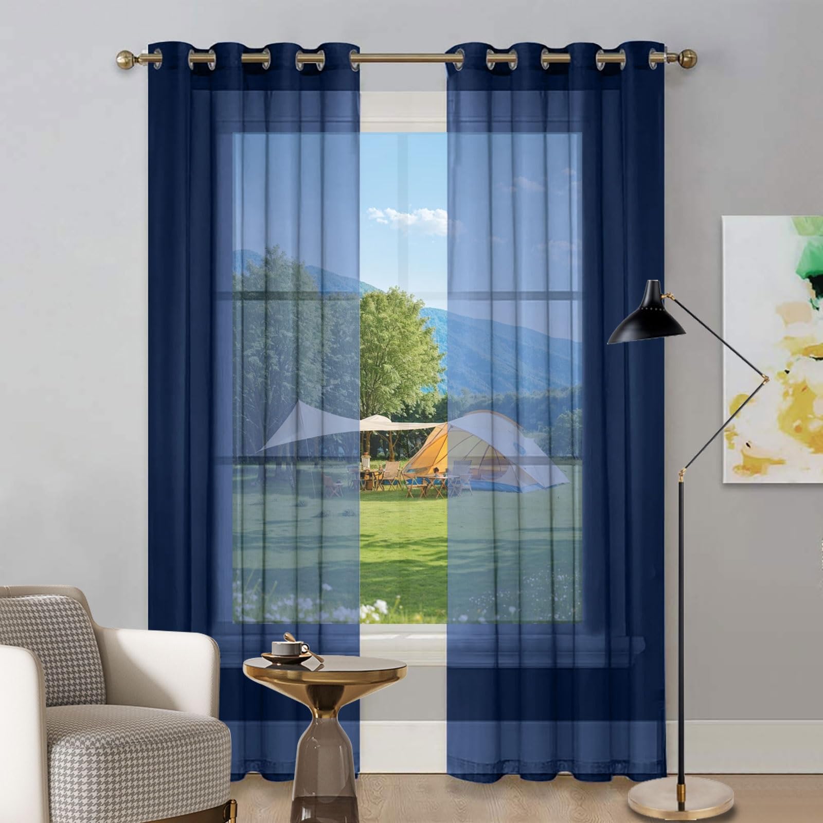 Voilage drapés bleu foncé 150 x 95 cm demi transparent fluide