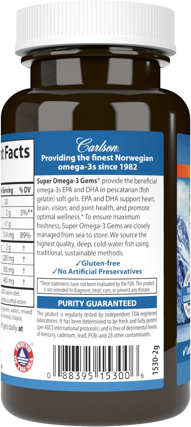 Carlson - Super Omega-3 Gems, 1200 mg Omega-3s, Norwegian, Cardiovascular Support, Brain Function & Vision Health, 50 soft gels - Image 3
