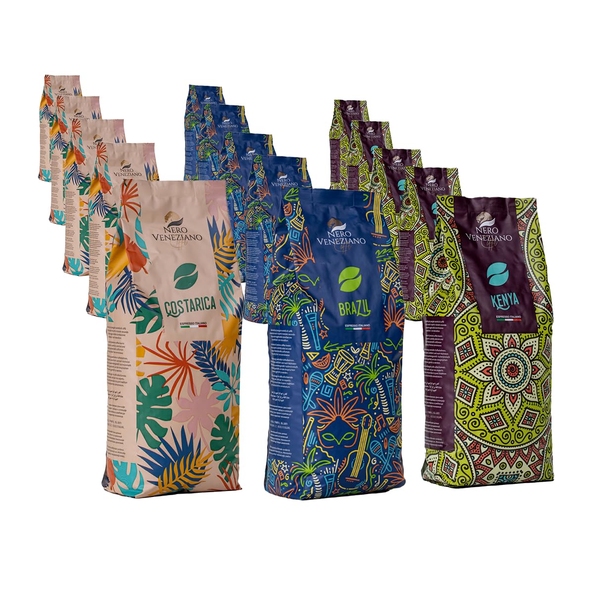 Nero Veneziano Collection, Kit Degustazione - Brazil, Costa Rica & Kenya, Caffè in Grani Premium 15x1 Kg, Tostatura Media, Artigianale Italiano, Per Espresso e Automatiche