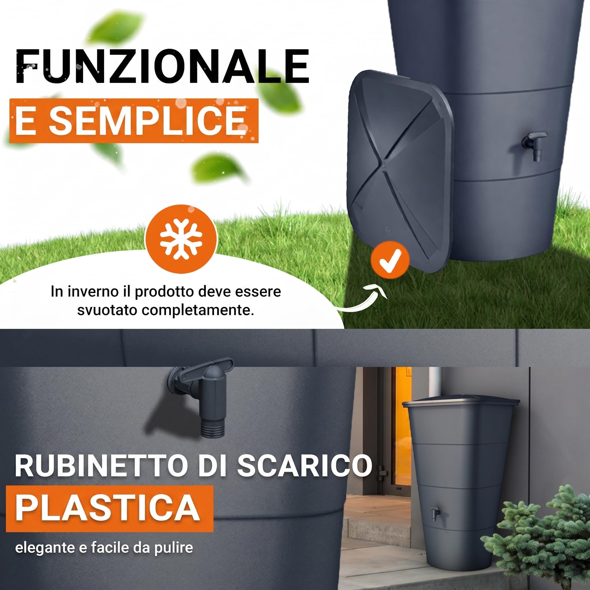 GARANTIA IBIZA serbatoio per acqua piovana quadrato 200 litri grigio grafite incl. coperchio e rubinetto - superficie elegante per parete e angolo - bordo rinforzato e base rotonda anti rigonfiamento