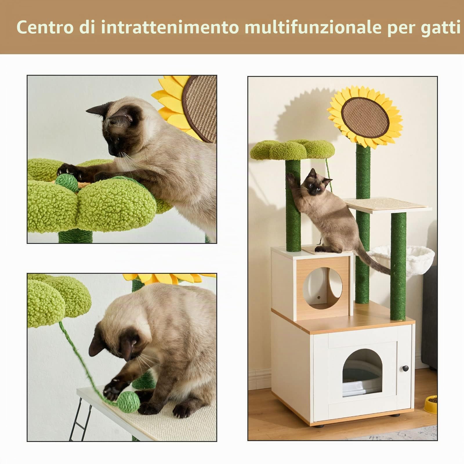 Sogesfurniture Albero per gatti, 152 cm, mobile a più piani con porta, grotta, tiragraffi, corda in sisal, verde, asta e amaca morbida