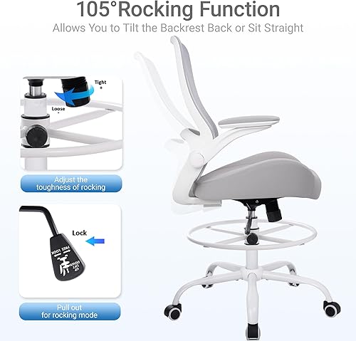 Vista 4 de HYLONE Drafting Chair Tall Office Chair with Flip-Up Armrests Ergonomic Computer Chair with Lumbar Support Adjustable Footrest Ring Mesh Standing