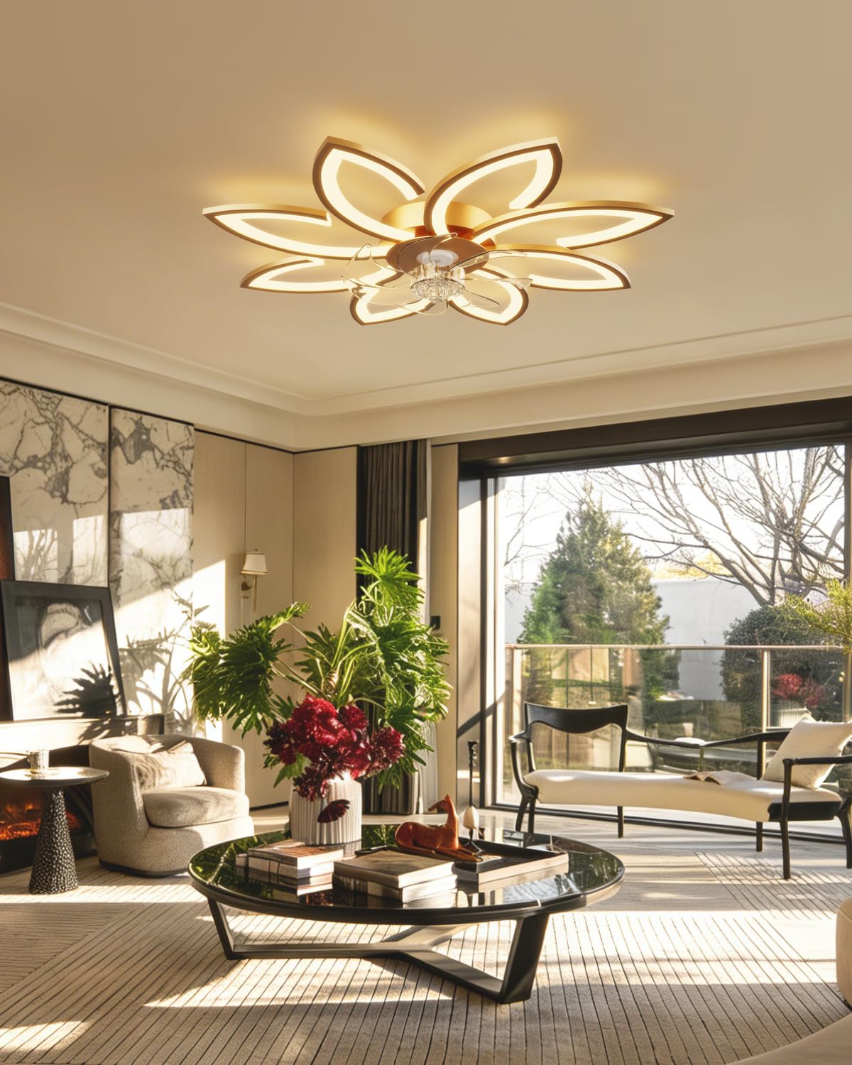 90 cm Lampadario Ventilatore da Soffitto Con Telecomando Led Dimmerabile Pale da Soffitto Design DC Plafoniera Fiore Led Reversibile 6 Velocità Lampadari a Ventola per Camera da Letto Cucina,Oro