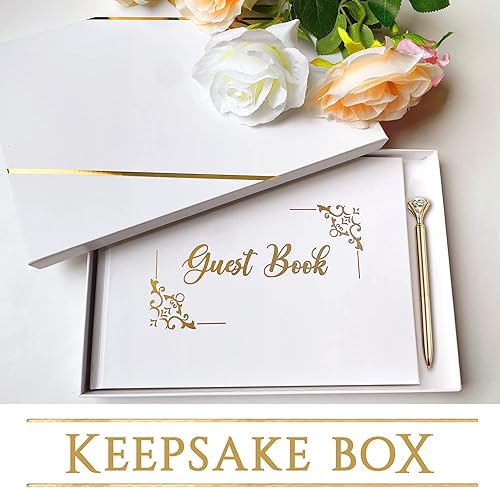 Miniatura 2 de DUXOV Libro de invitados de boda, Libro de visitas de boda con pluma de oro, Libro de invitados de boda estampado de oro, Libro de invitados de